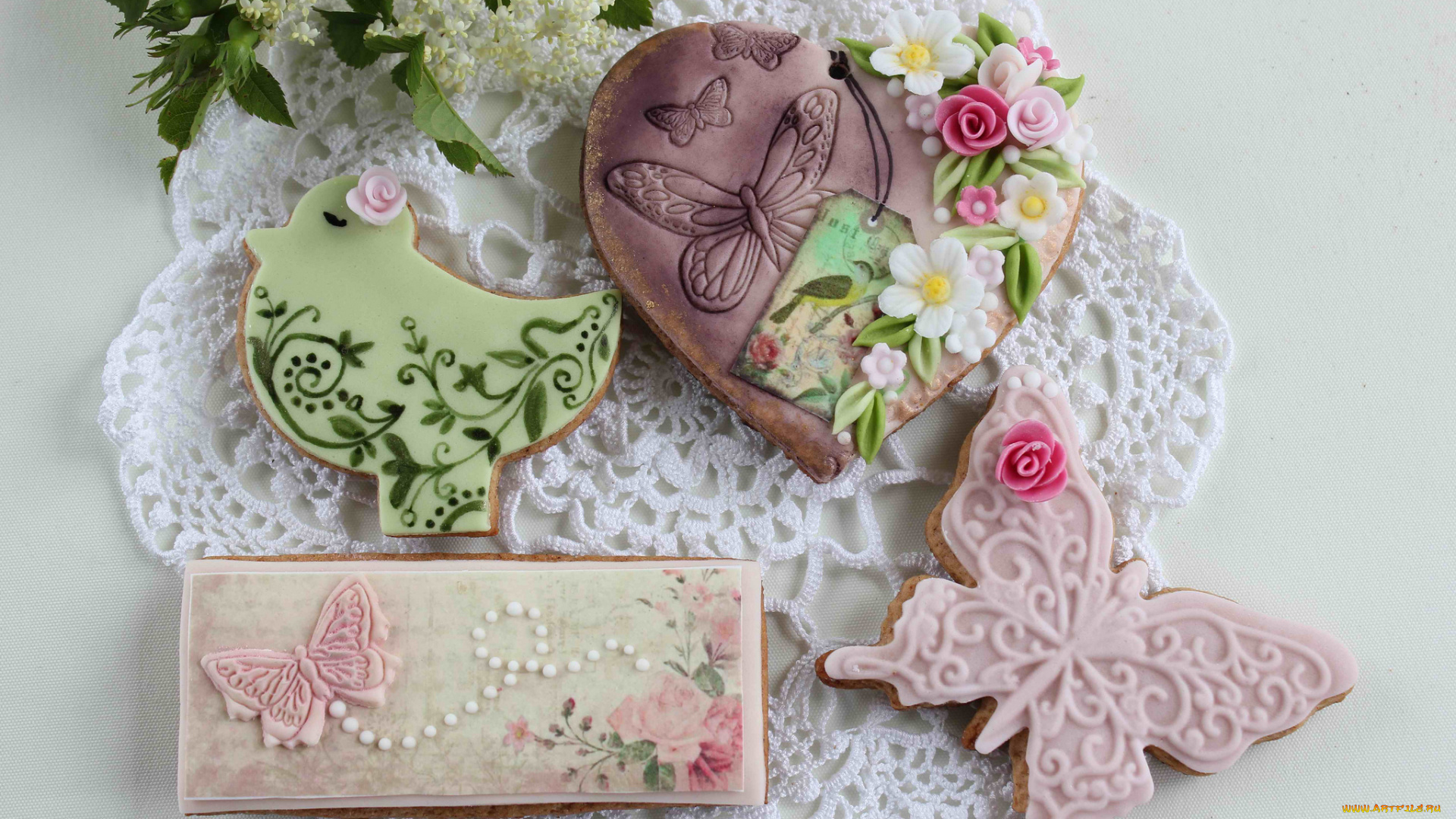 еда, пирожные, , кексы, , печенье, цветы, печенье, бабочка, сердечко, птичка