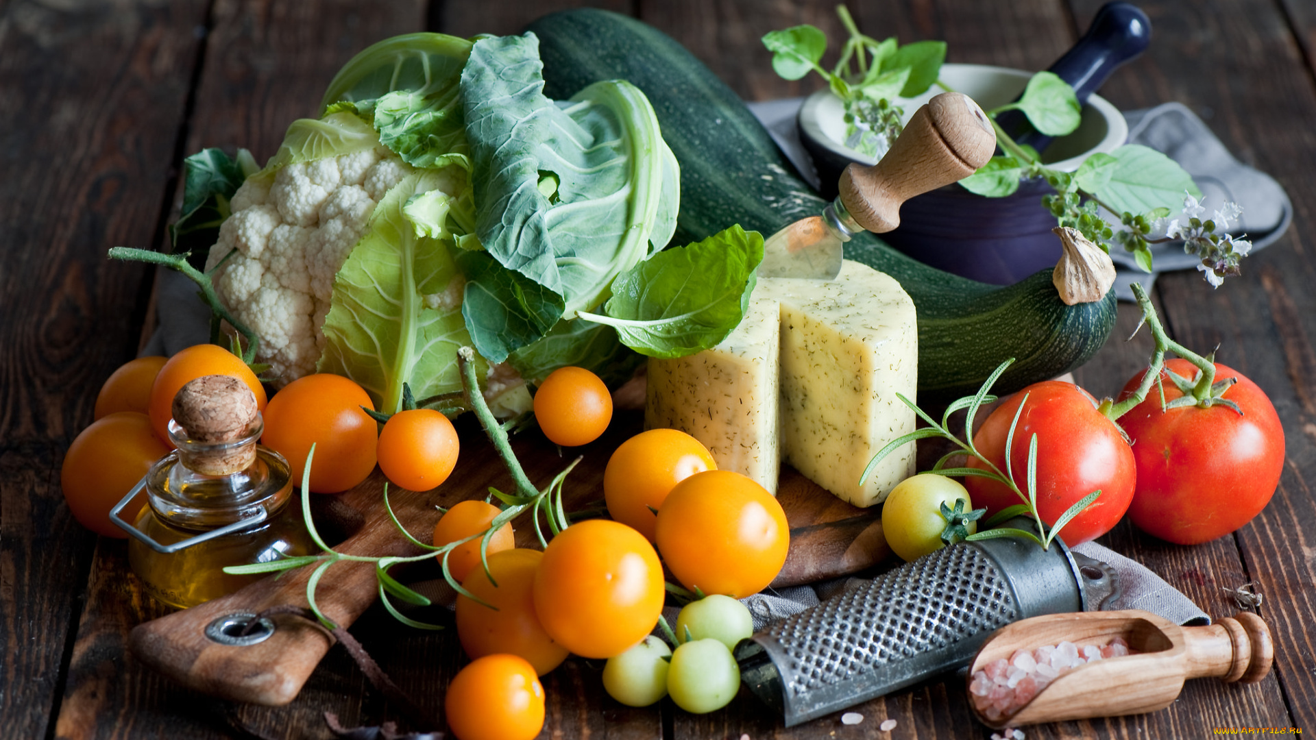 еда, разное, капуста, помидоры, масло, соль, сыр, нож, томаты