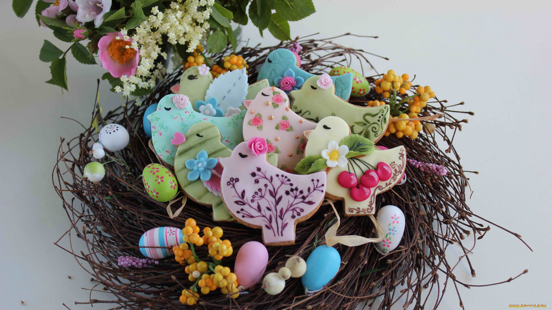 праздничные, пасха, птички, цветы, печенье, гнездо