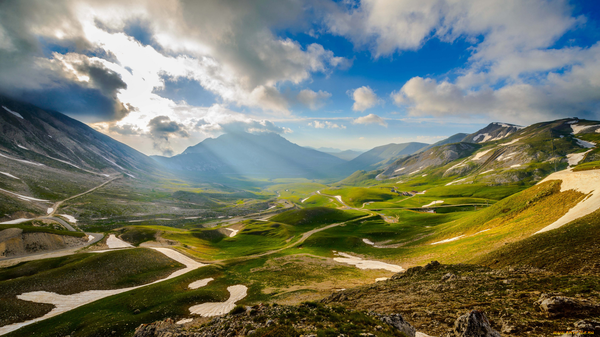 природа, горы, долина, италия, свет, небо