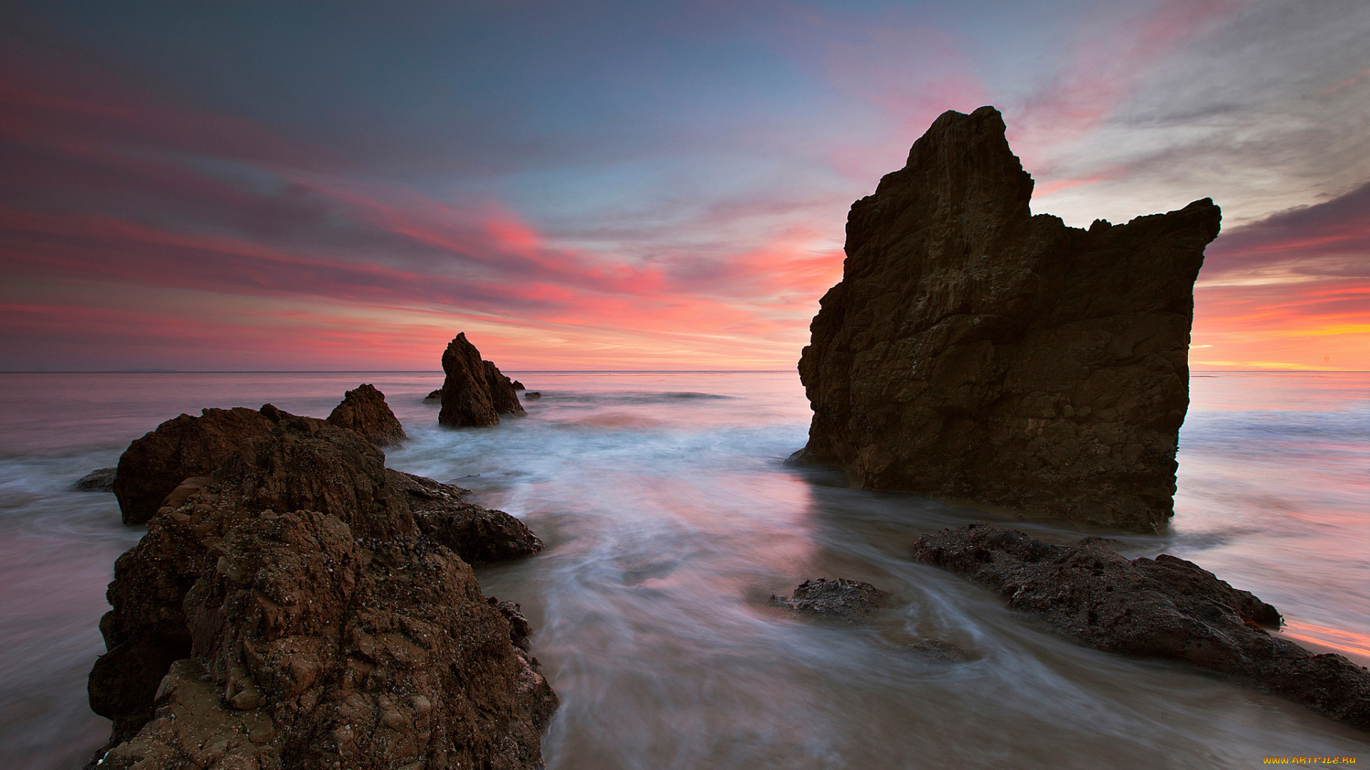 природа, побережье, пляж, вечер, небо, скалы, камни