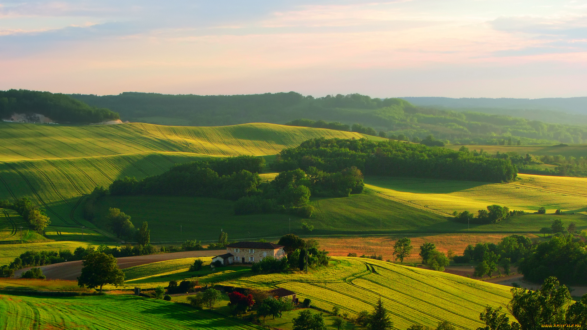 природа, поля, дом, небо