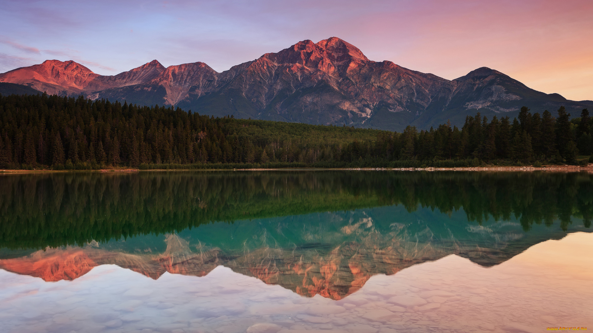 природа, реки, озера, озеро, патриция, горы, вода, лес, пирамидная, гора, национальный, парк, джаспер, канада, отражение