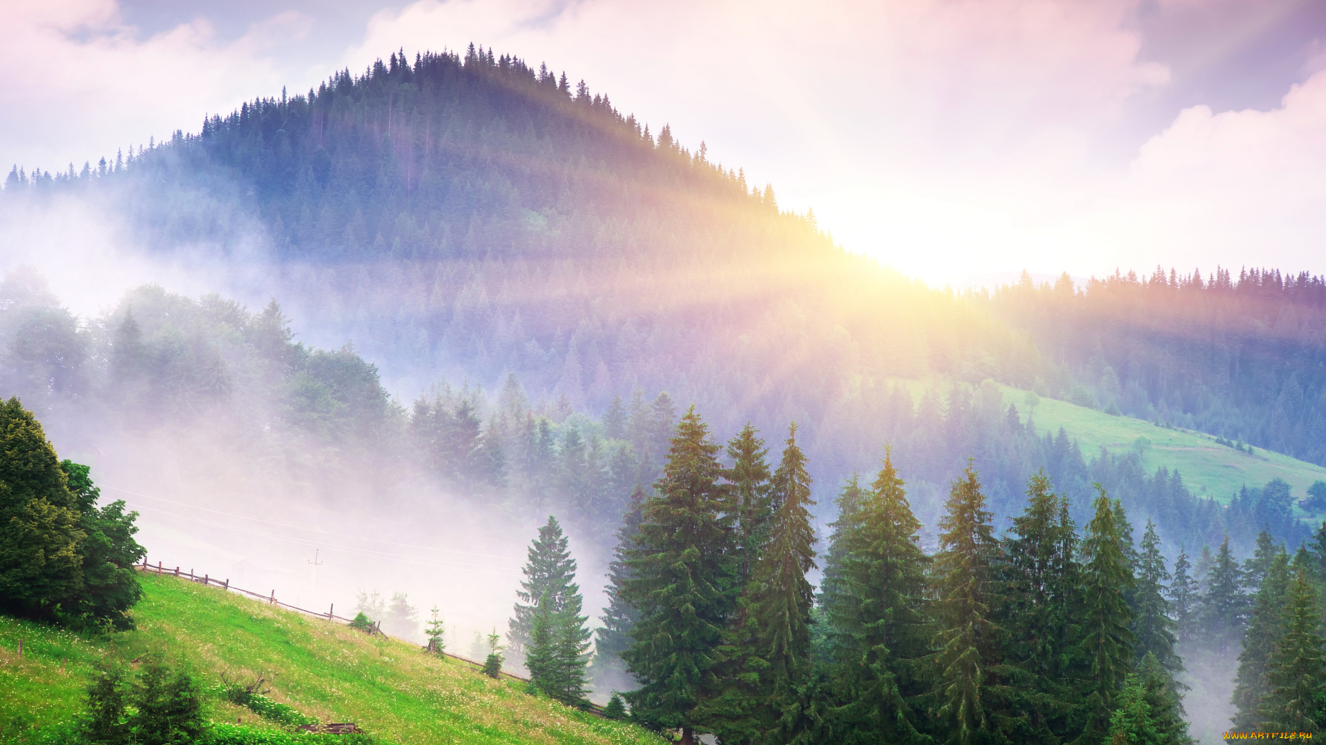 природа, восходы, закаты, горы, лес, восход, пейзажтрава