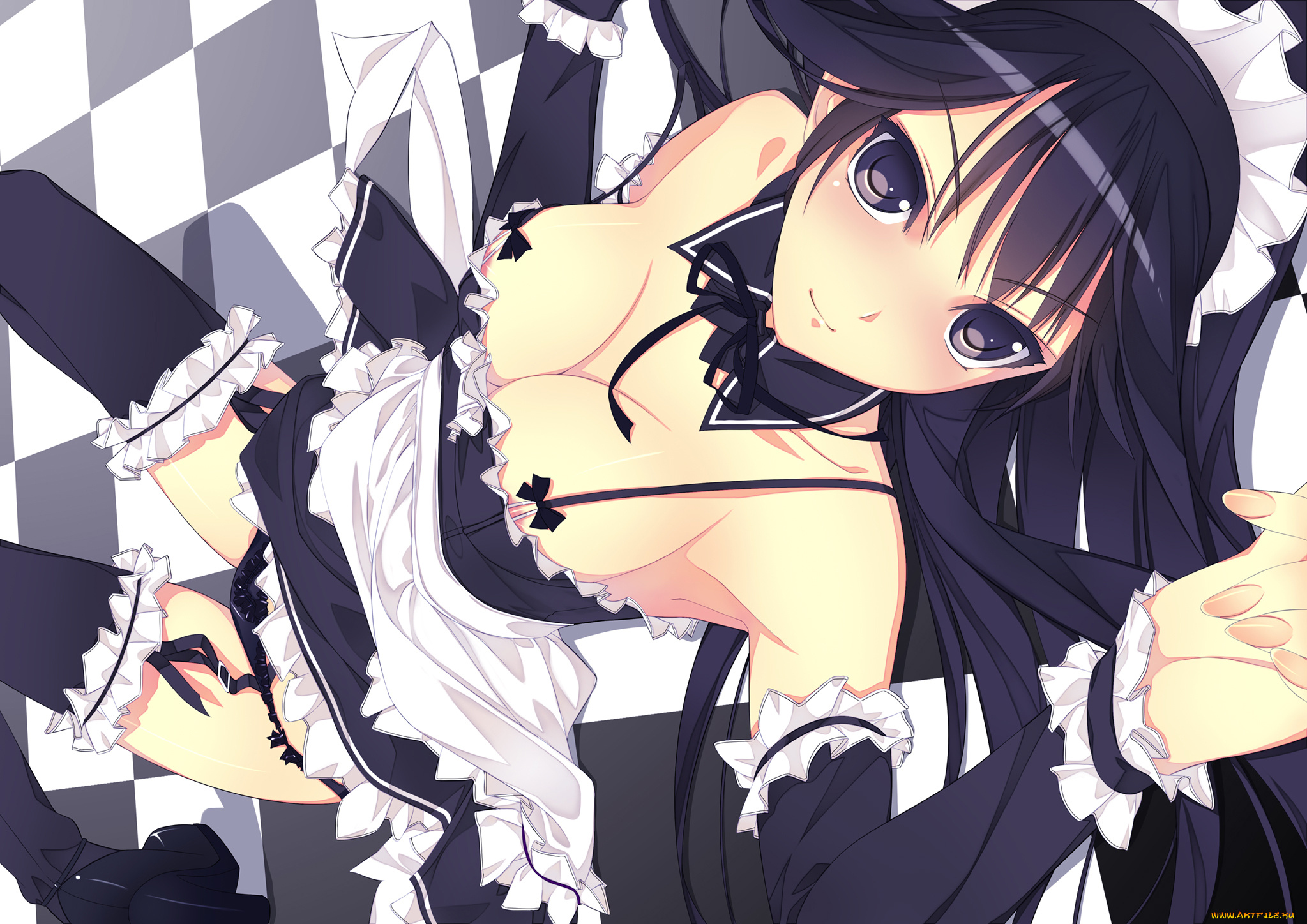 аниме, *unknown, , другое, murakami, suigun, девушка, горничная, нижнее, белье, гольфы, клетчатый, пол