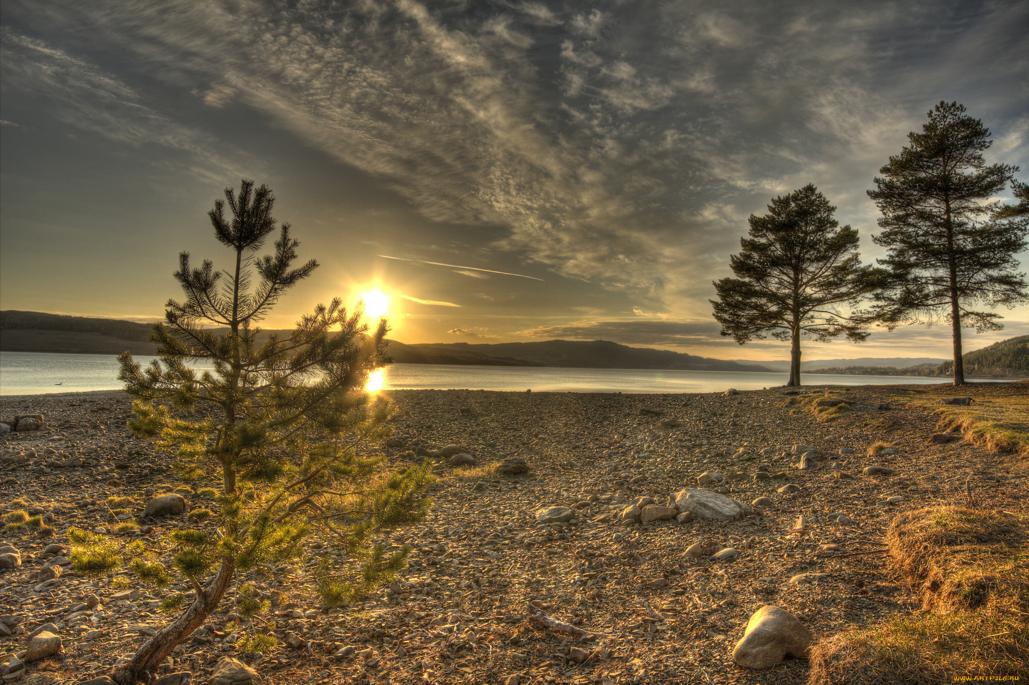 природа, восходы, закаты, деревья, река, облака, солнце