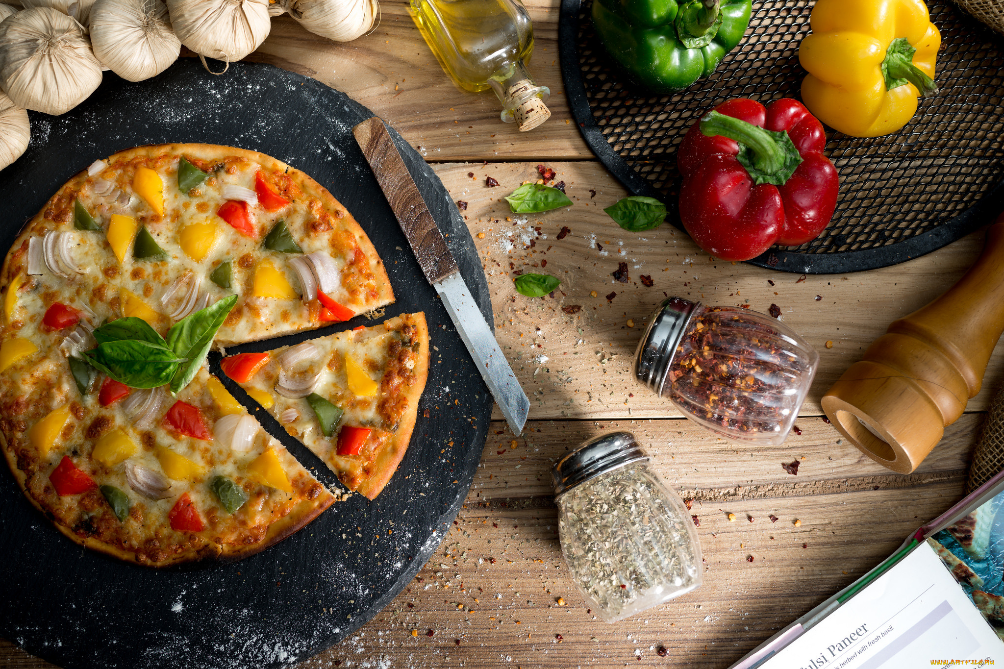 еда, пицца, перец, чеснок, приправа