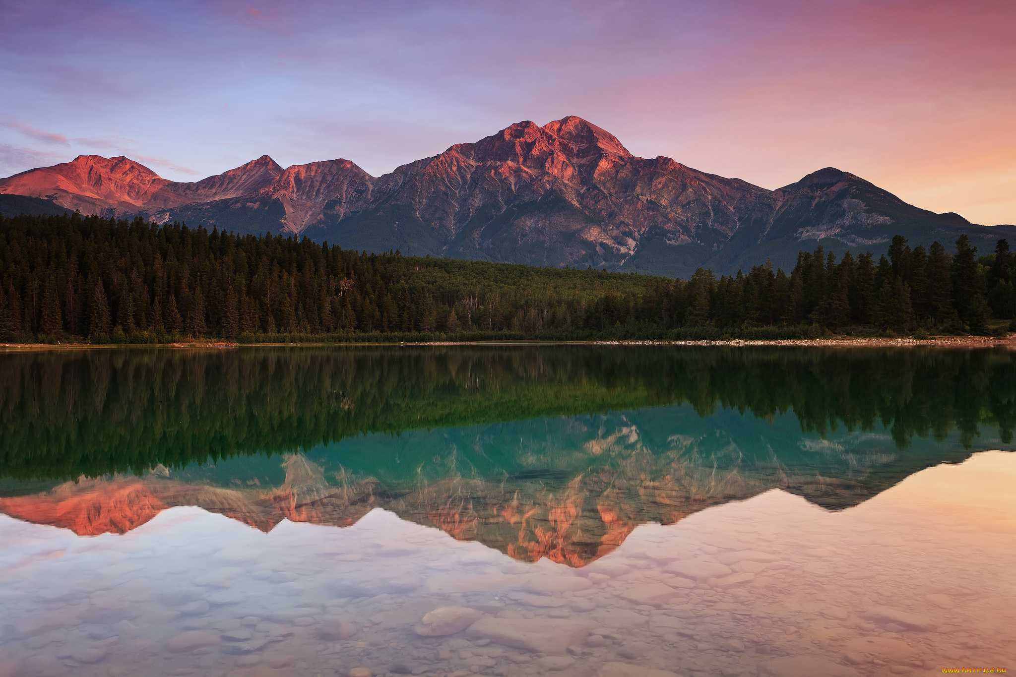 природа, реки, озера, озеро, патриция, горы, вода, лес, пирамидная, гора, национальный, парк, джаспер, канада, отражение
