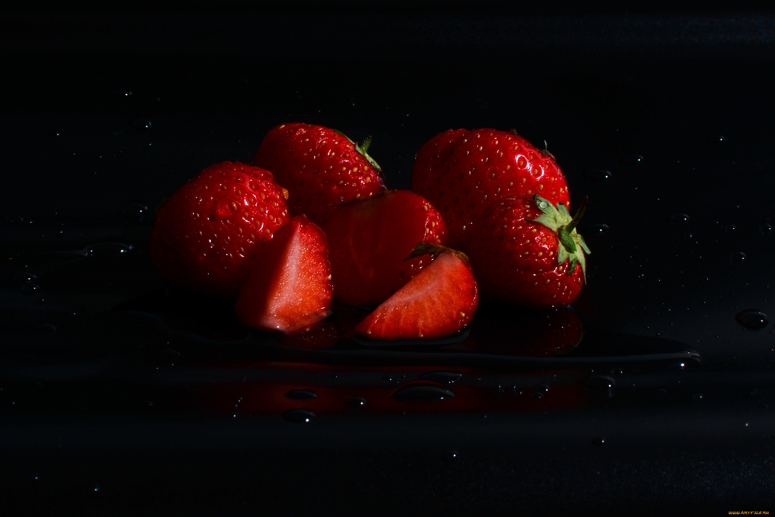 еда, клубника, , земляника, темный, фон, капли, вода