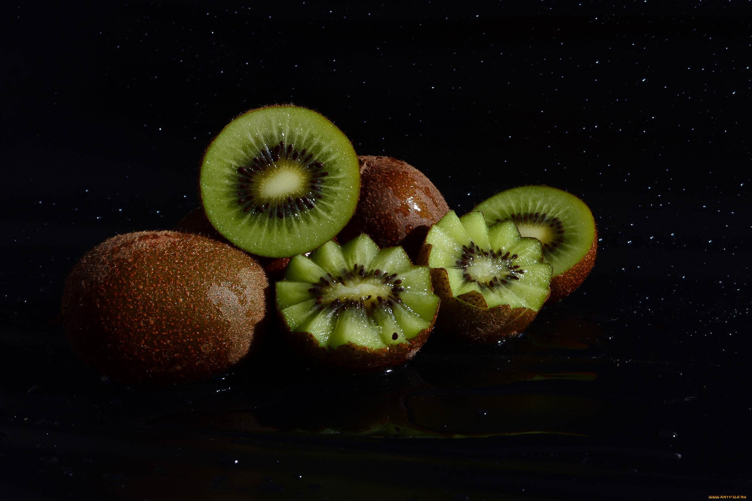 еда, киви, темный, фон, капли, вода