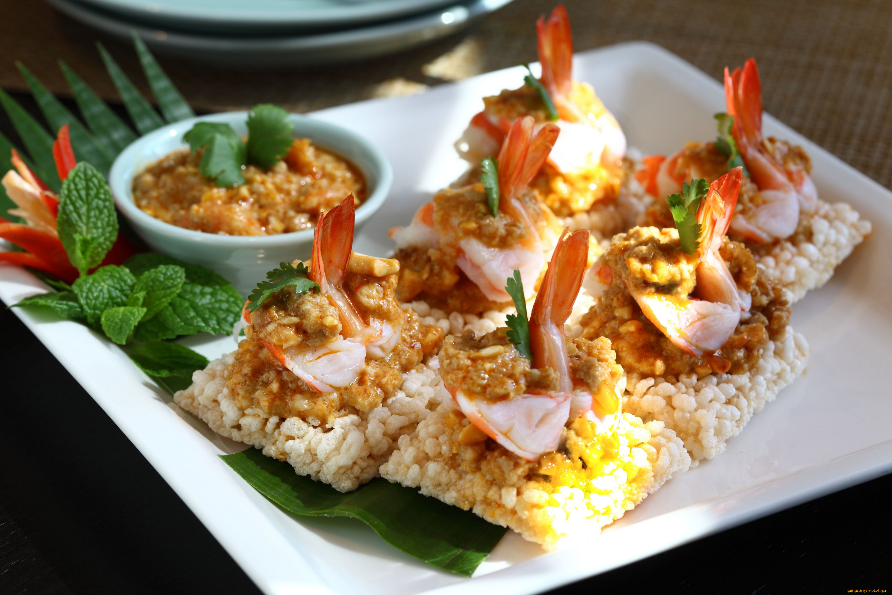 еда, рыбные, блюда, , с, морепродуктами, мята, зелень, соус, креветки