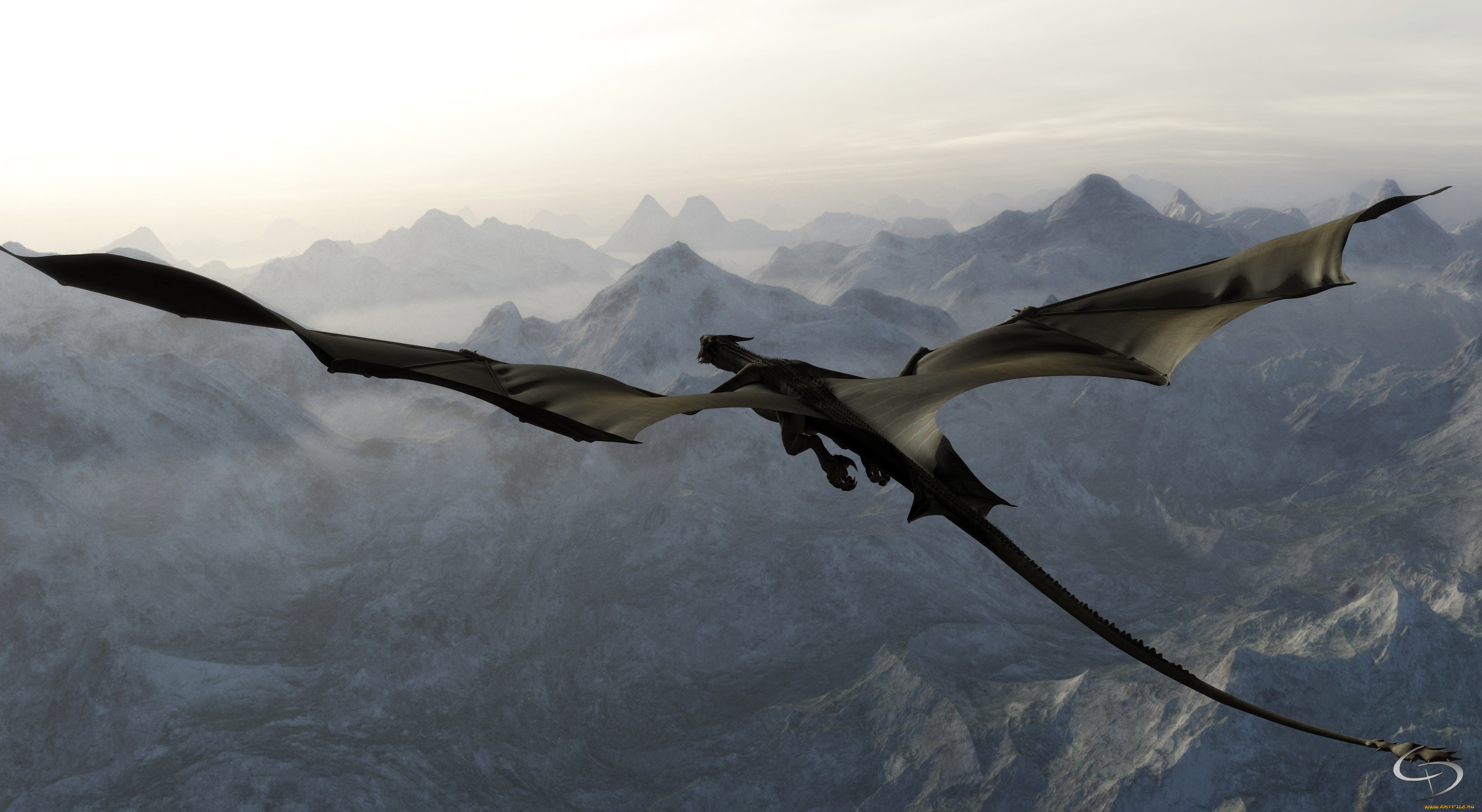 3д, графика, существа, , creatures, дракон, полет, горы