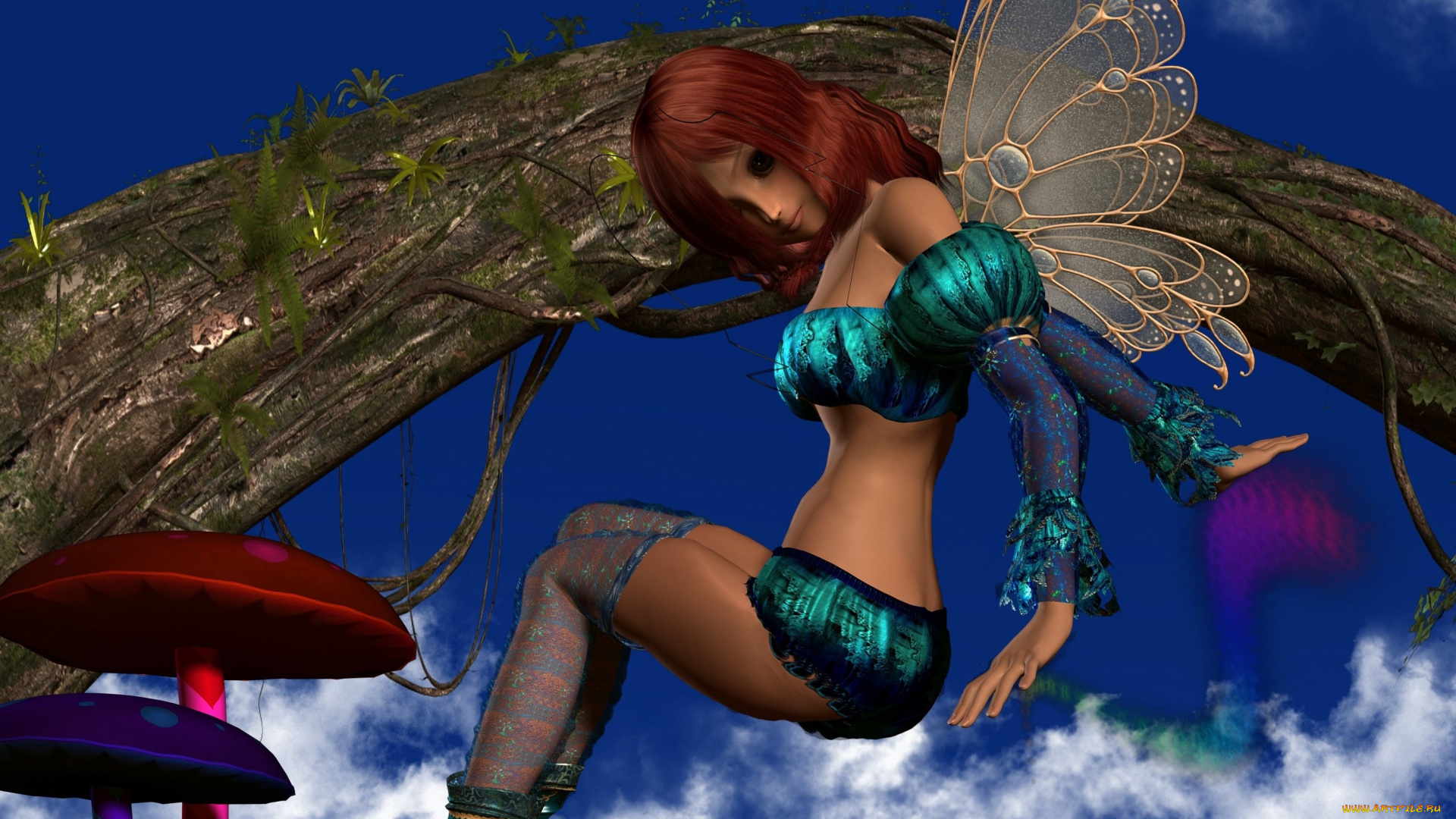 3д, графика, эльфы, , elves, взгляд, грибы, фон, фея