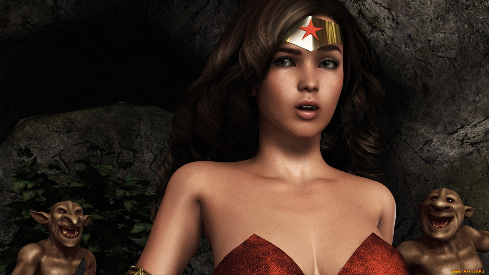 3д, графика, фантазия, , fantasy, тролли, фон, взгляд, девушка