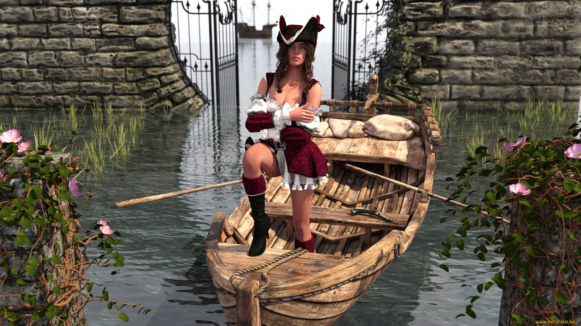 3д, графика, люди, , people, лодка, пират, фон, взгляд, девушка