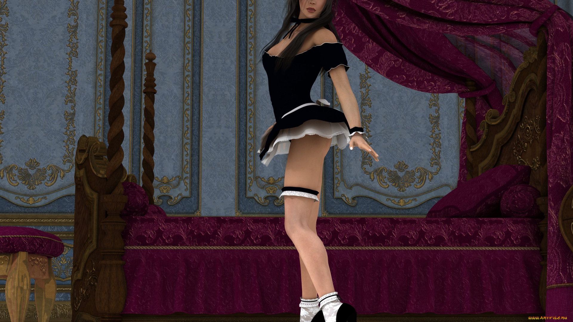 3д, графика, люди, , people, взгляд, девушка, кровать, фон