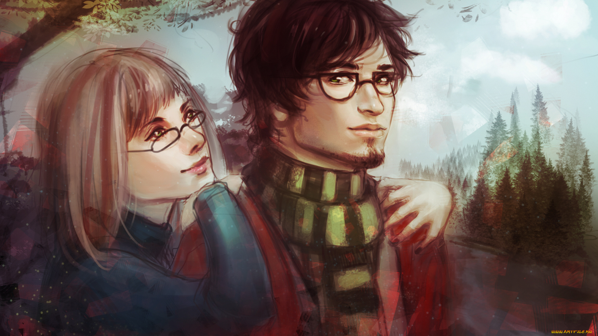 рисованное, люди, пара, девушка, парень