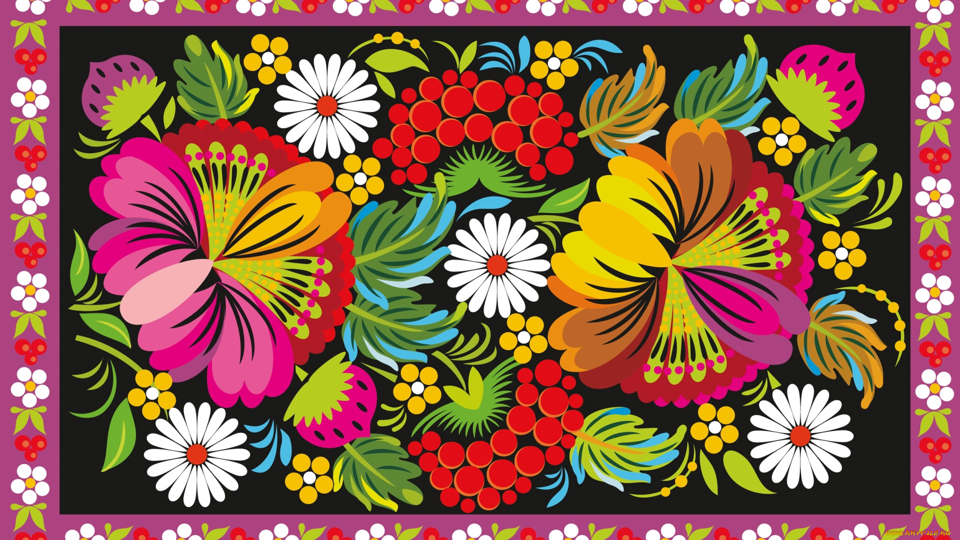 векторная, графика, цветы, , flowers, узор, ягоды, цветы, орнамент, народный, роспись