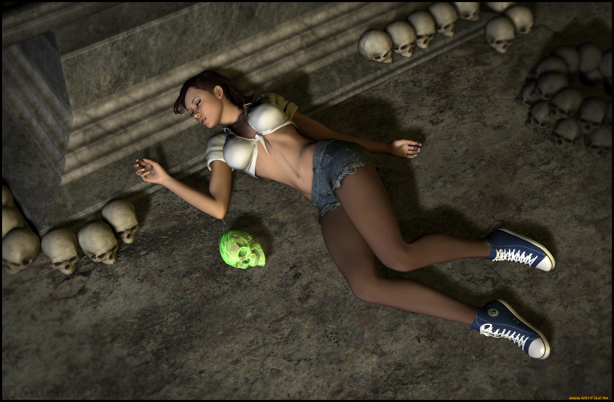 3д, графика, фантазия, , fantasy, черепа, фон, взгляд, девушка