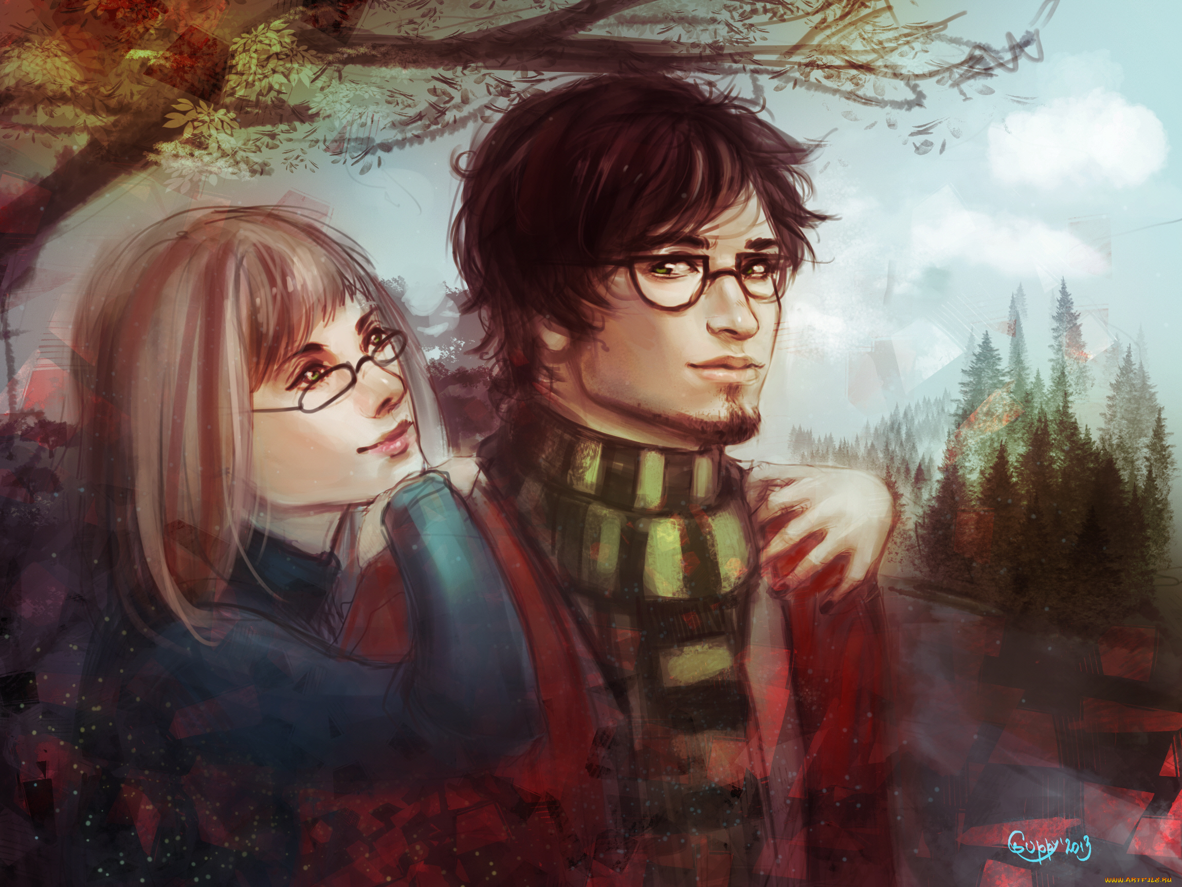 рисованное, люди, пара, девушка, парень