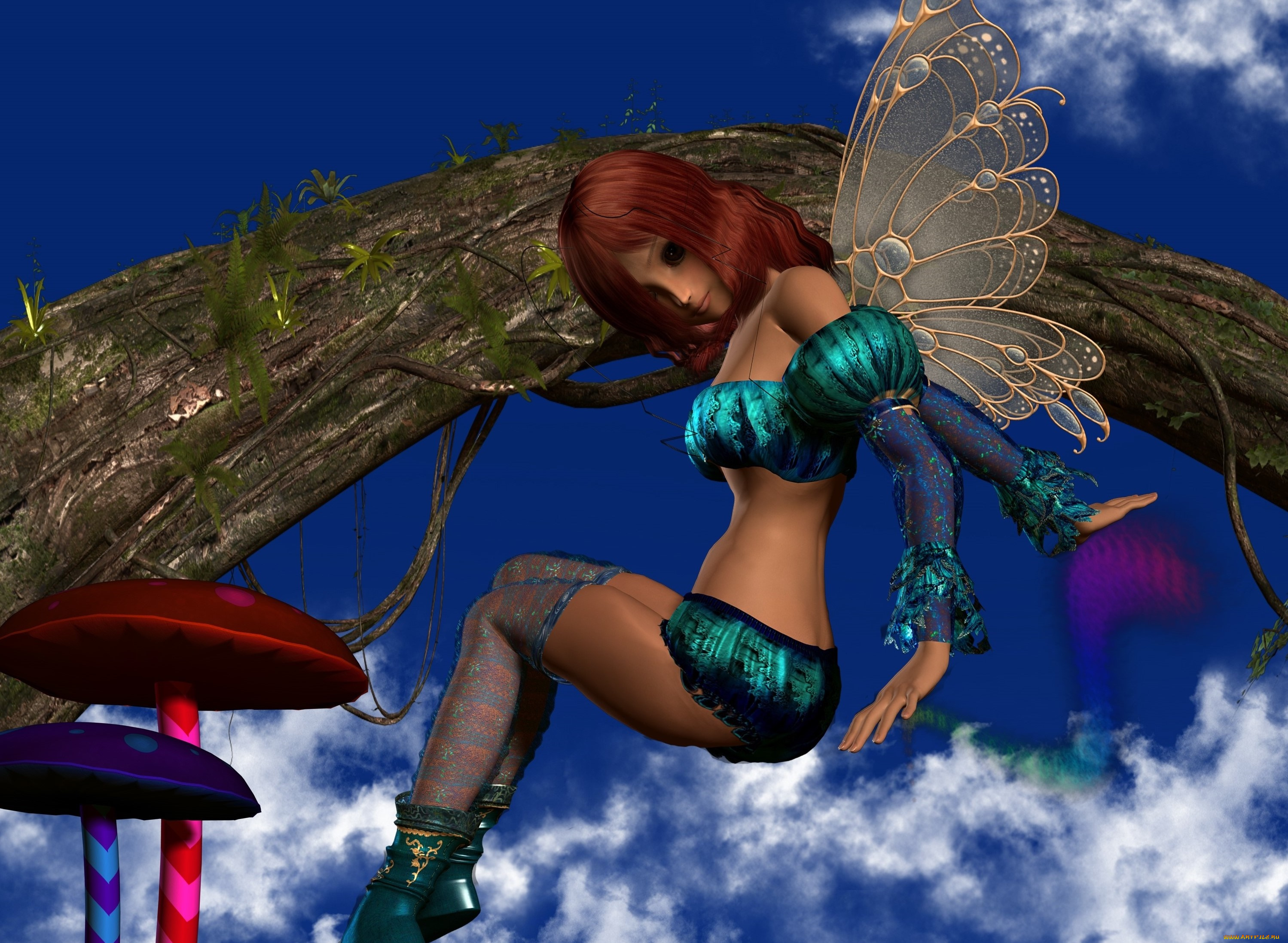 3д, графика, эльфы, , elves, взгляд, грибы, фон, фея