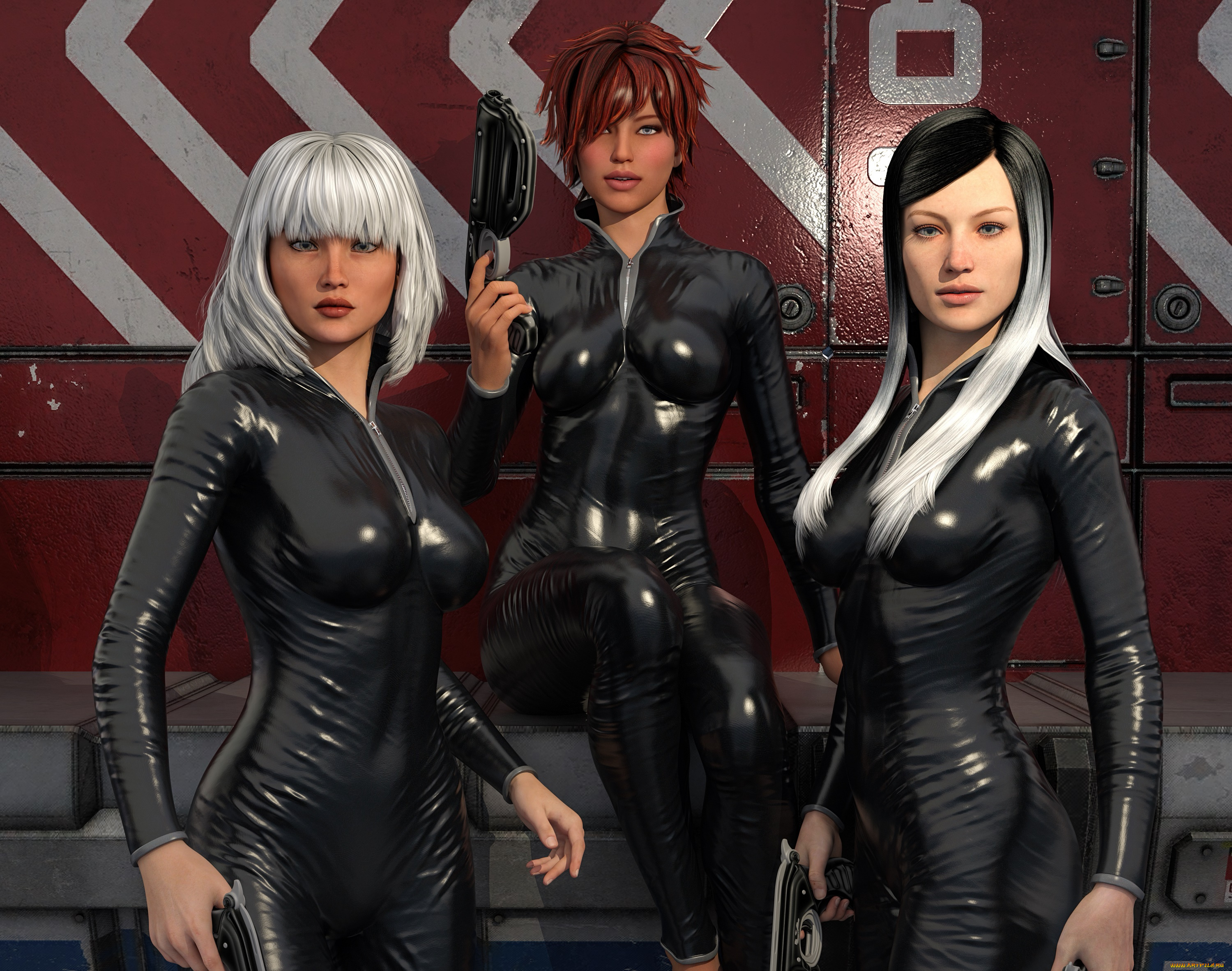 3д, графика, люди, , people, девушки, латекс, оружие, фон, взгляд