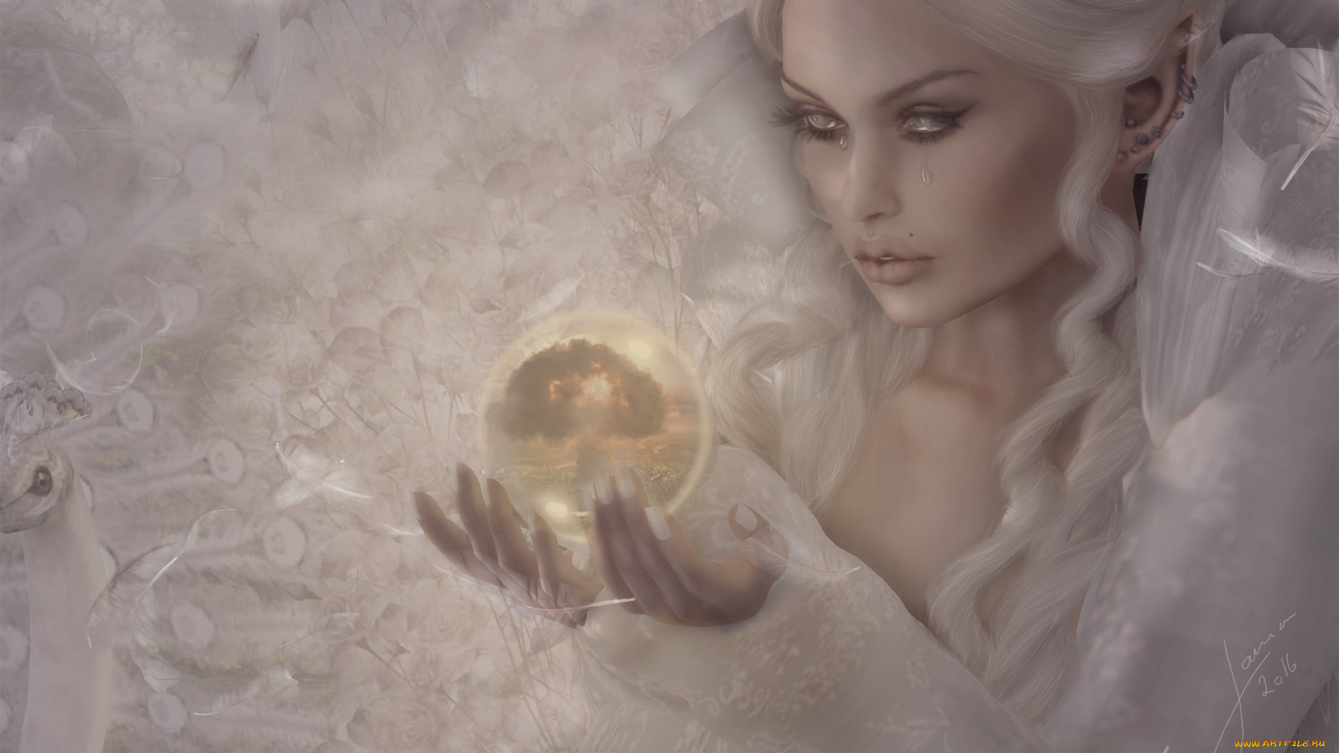 3д, графика, эльфы, , elves, девушка, фон, взрыв, шар, волосы, слезы, лицо