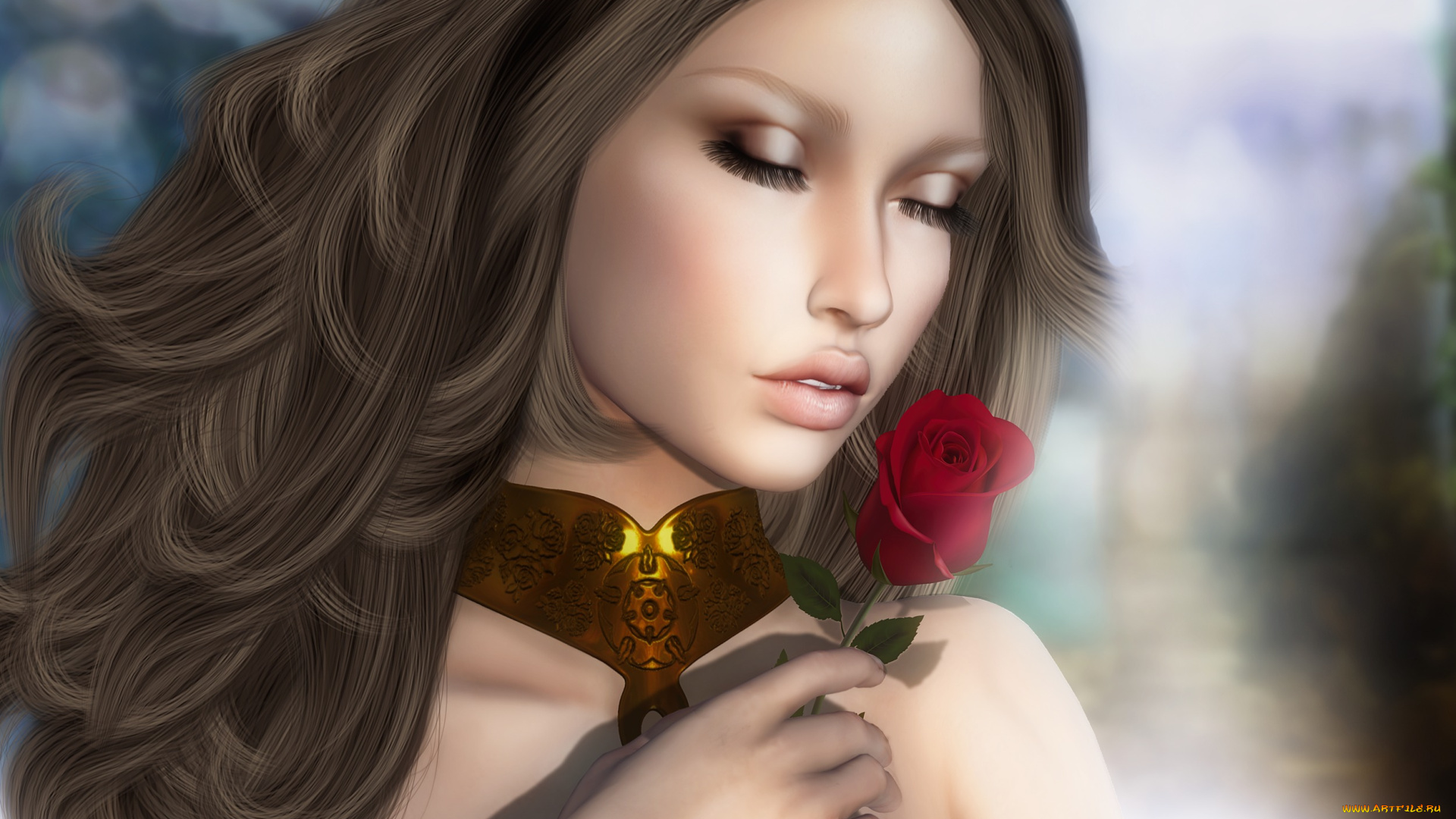 3д, графика, портрет, , portraits, фон, роза, волосы, лицо, девушка, красотка