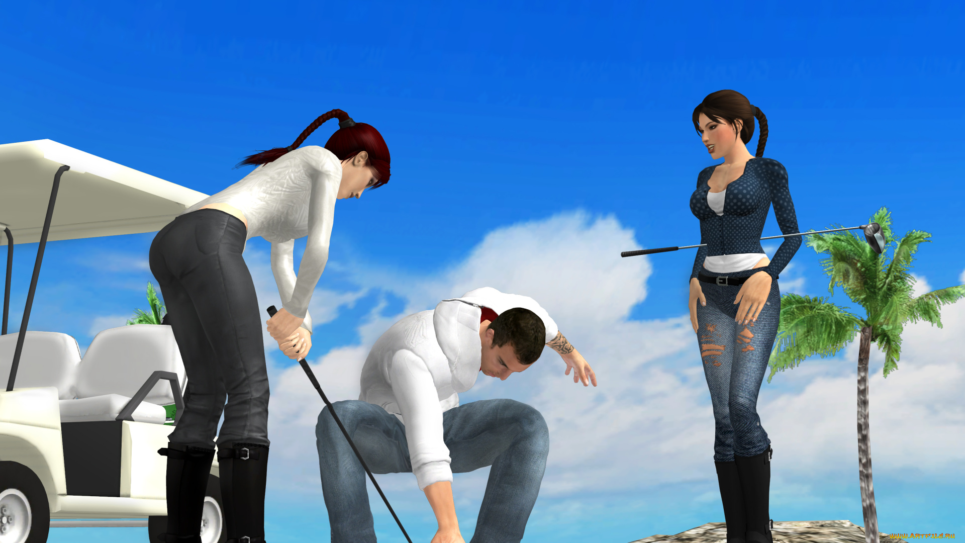 3д, графика, спорт, , sport, девушки, взгляд, фон, игра, гольф