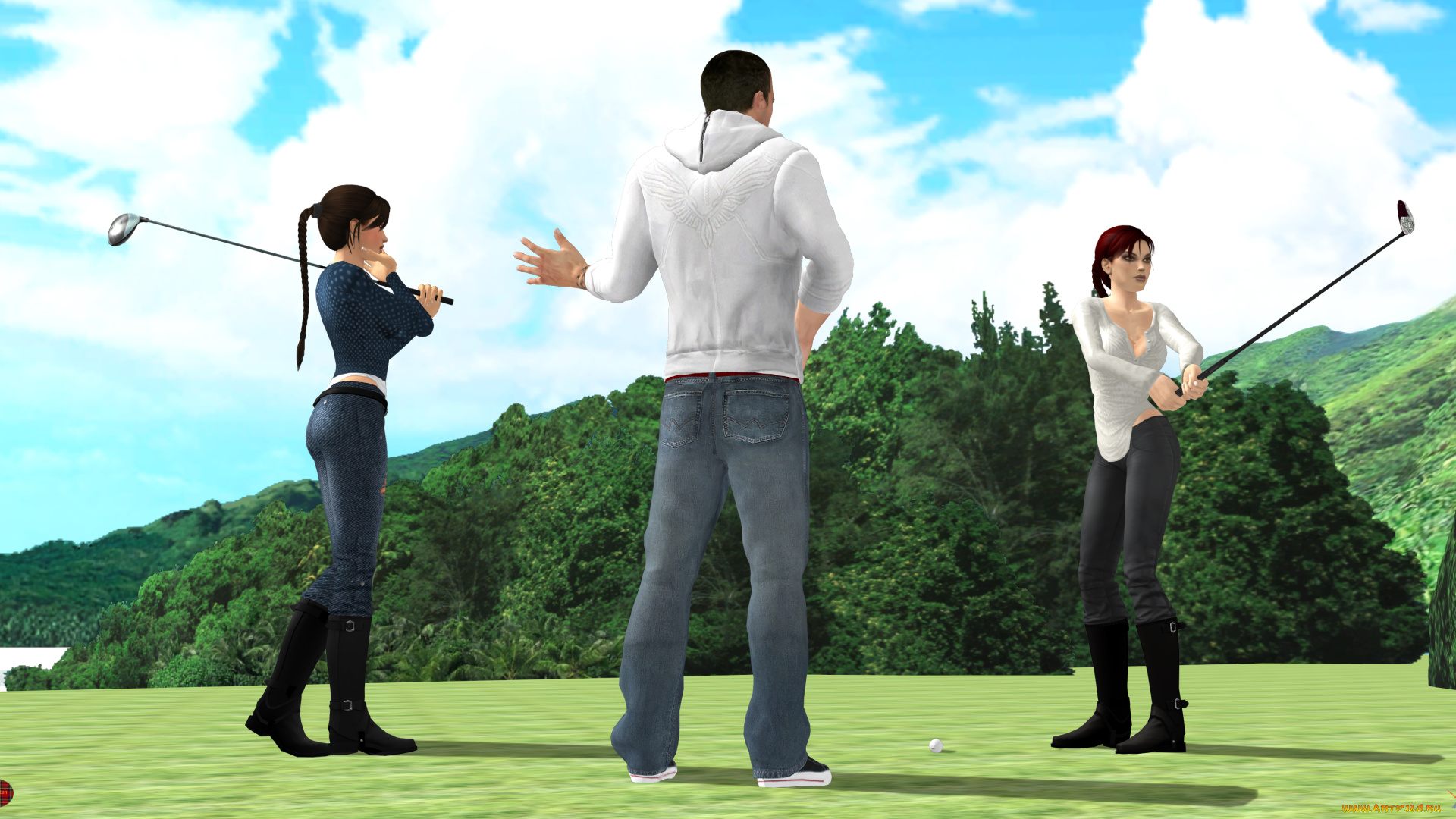 3д, графика, спорт, , sport, девушки, взгляд, фон, игра, гольф