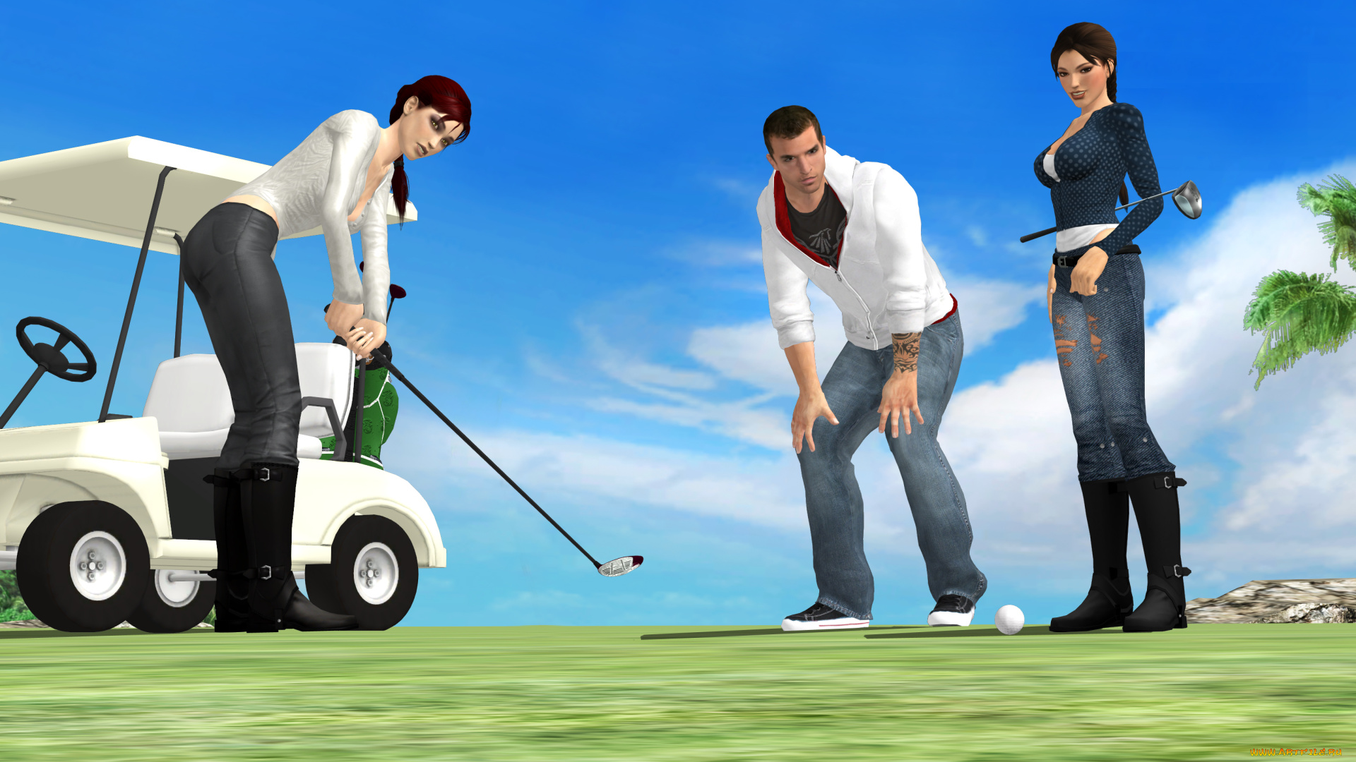 3д, графика, спорт, , sport, девушки, взгляд, фон, игра, гольф