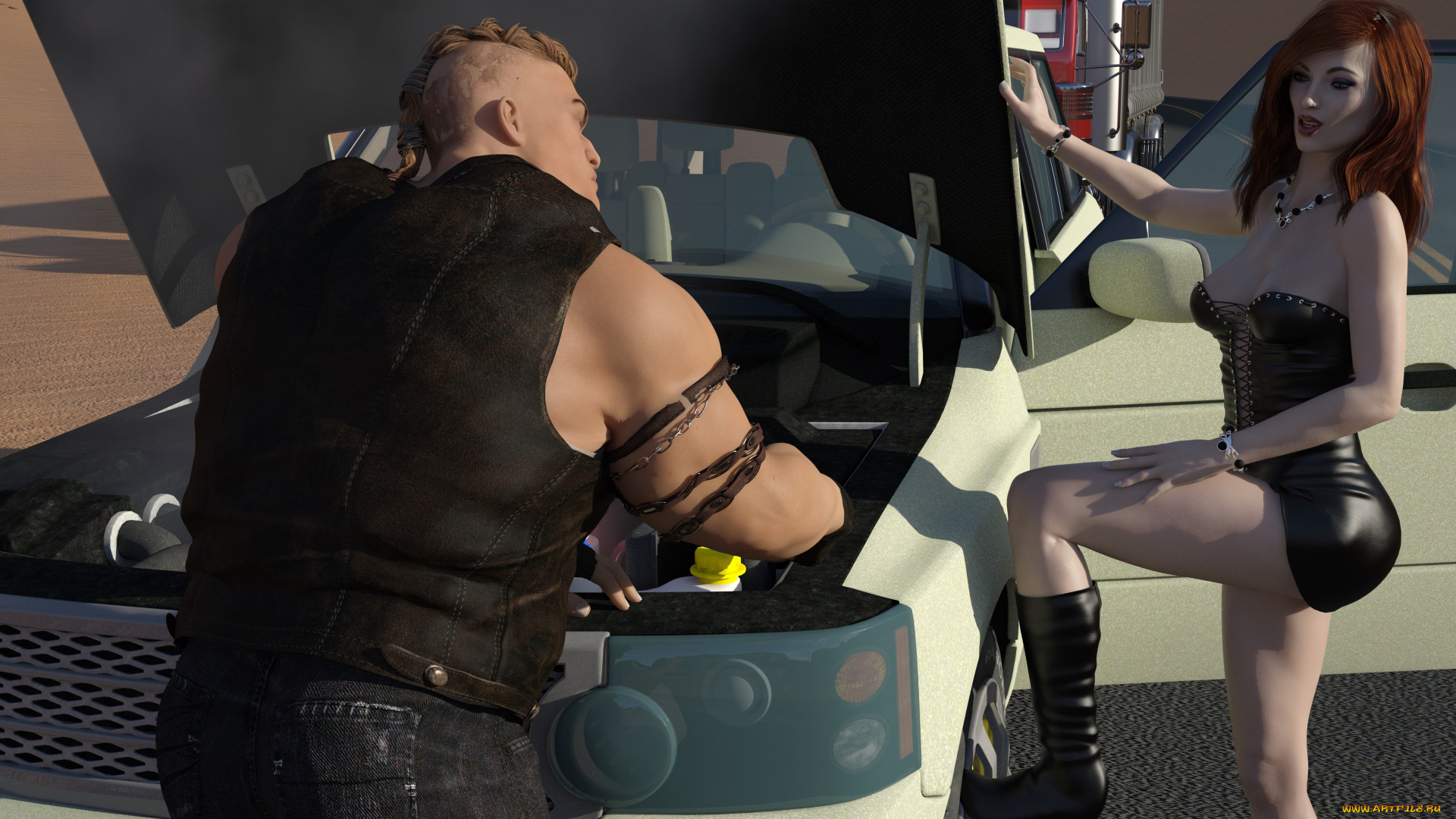 3д, графика, люди-авто, мото, , people-, car, , , moto, взгляд, фон, мужчина, девушка