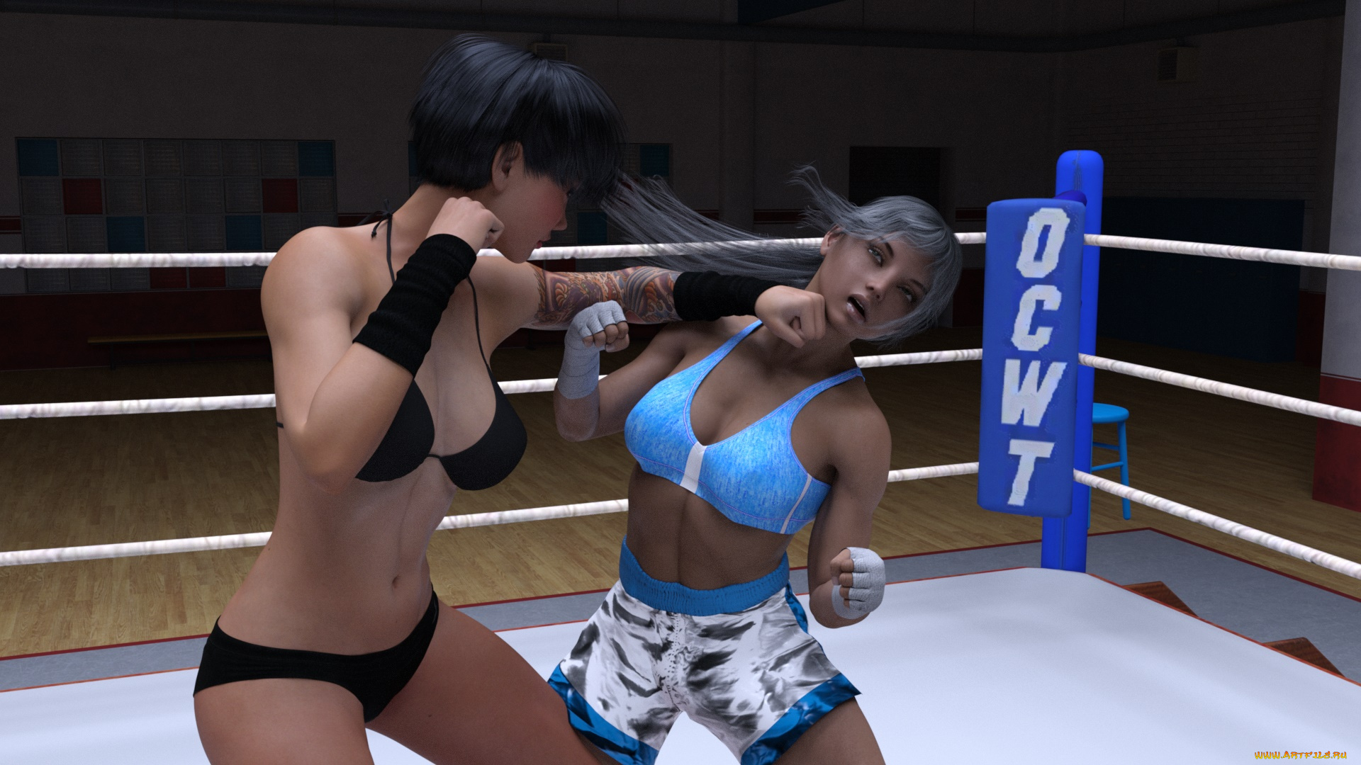 3д, графика, спорт, , sport, девушки, ринг, фон, взгляд, бокс