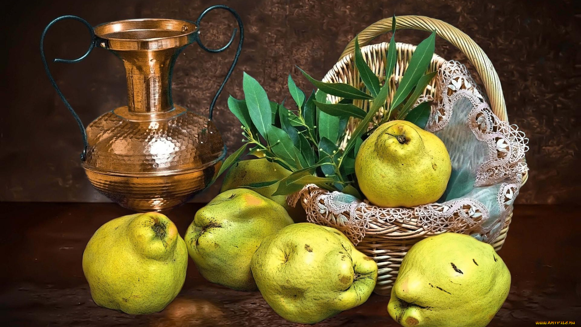 еда, натюрморт, корзина, кувшин, груши, фрукты