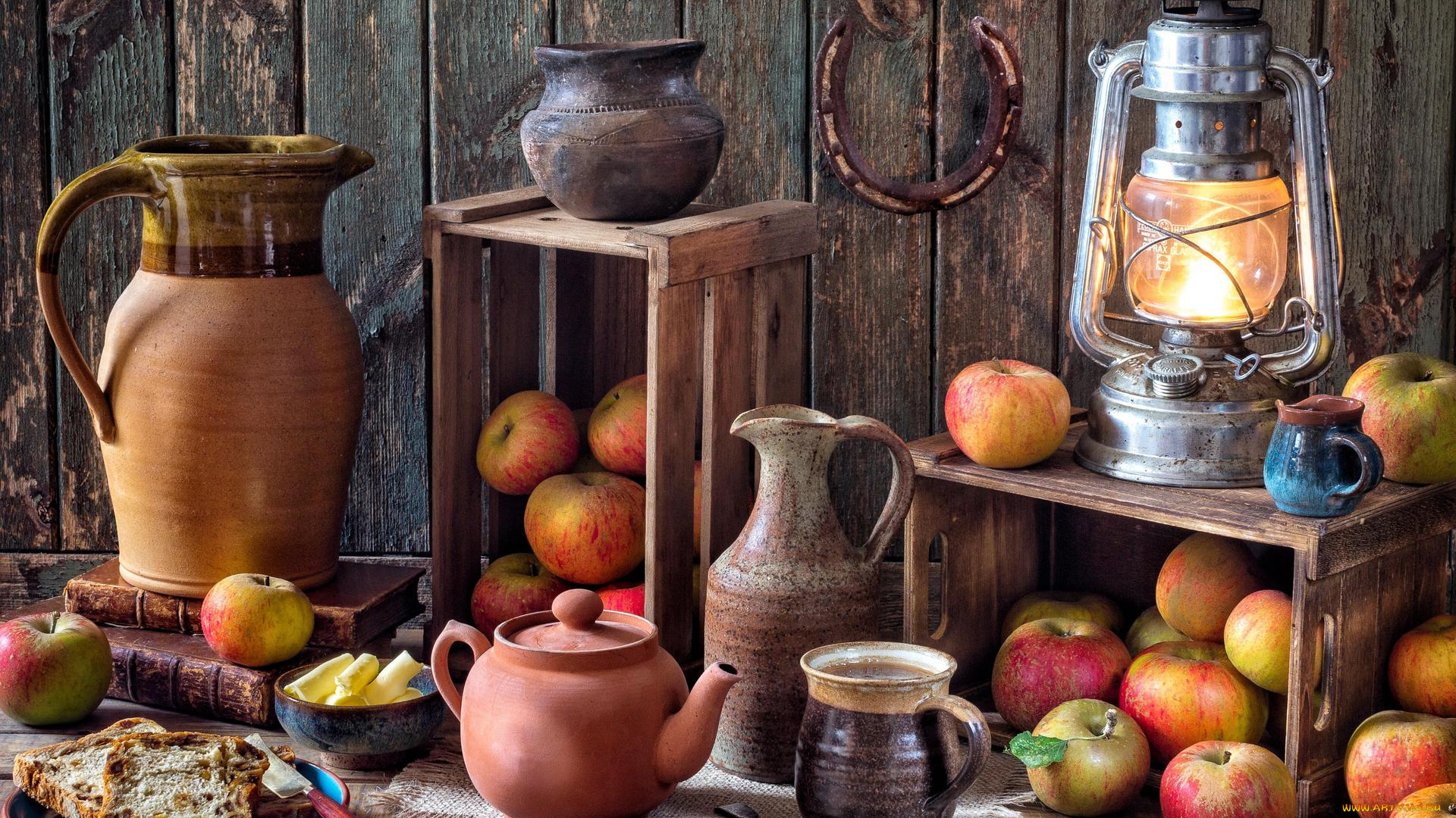 еда, натюрморт, яблоки, лампа, чайник, фрукты