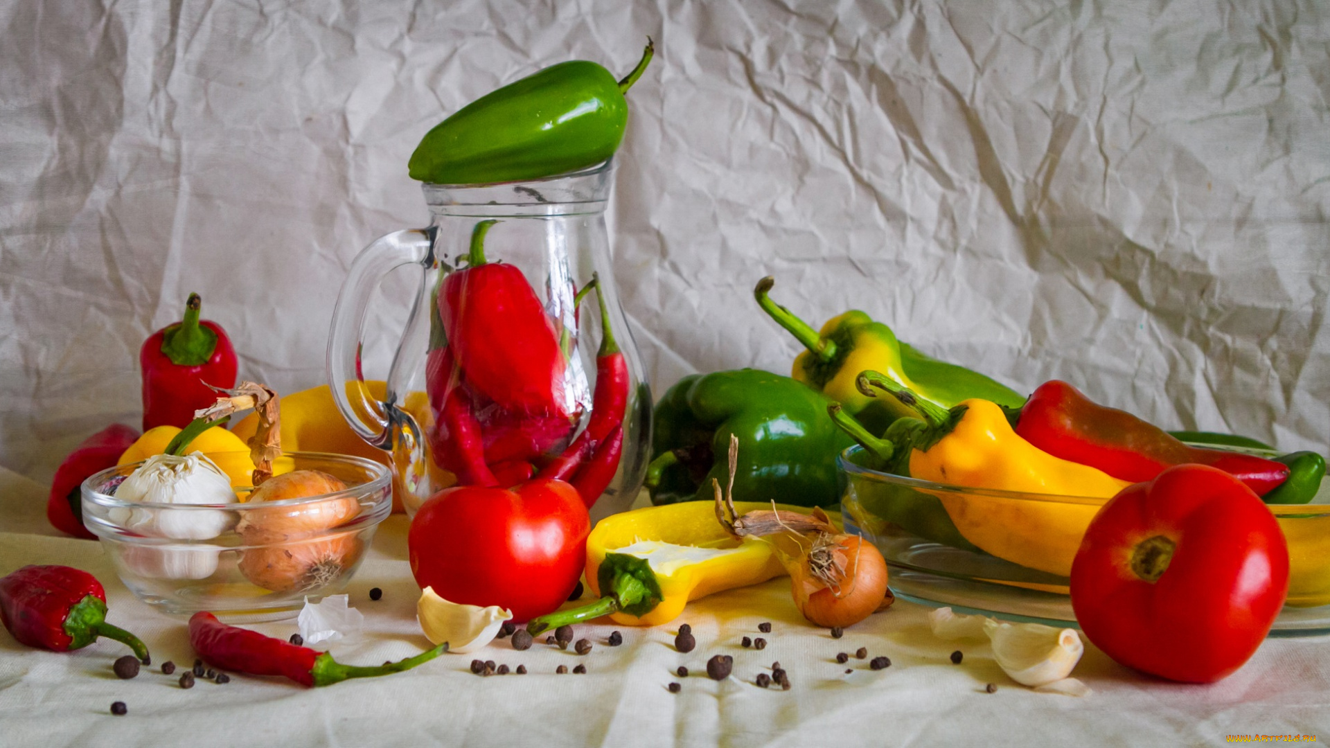 еда, овощи, перец, лук, натюрморт, помидоры, томаты