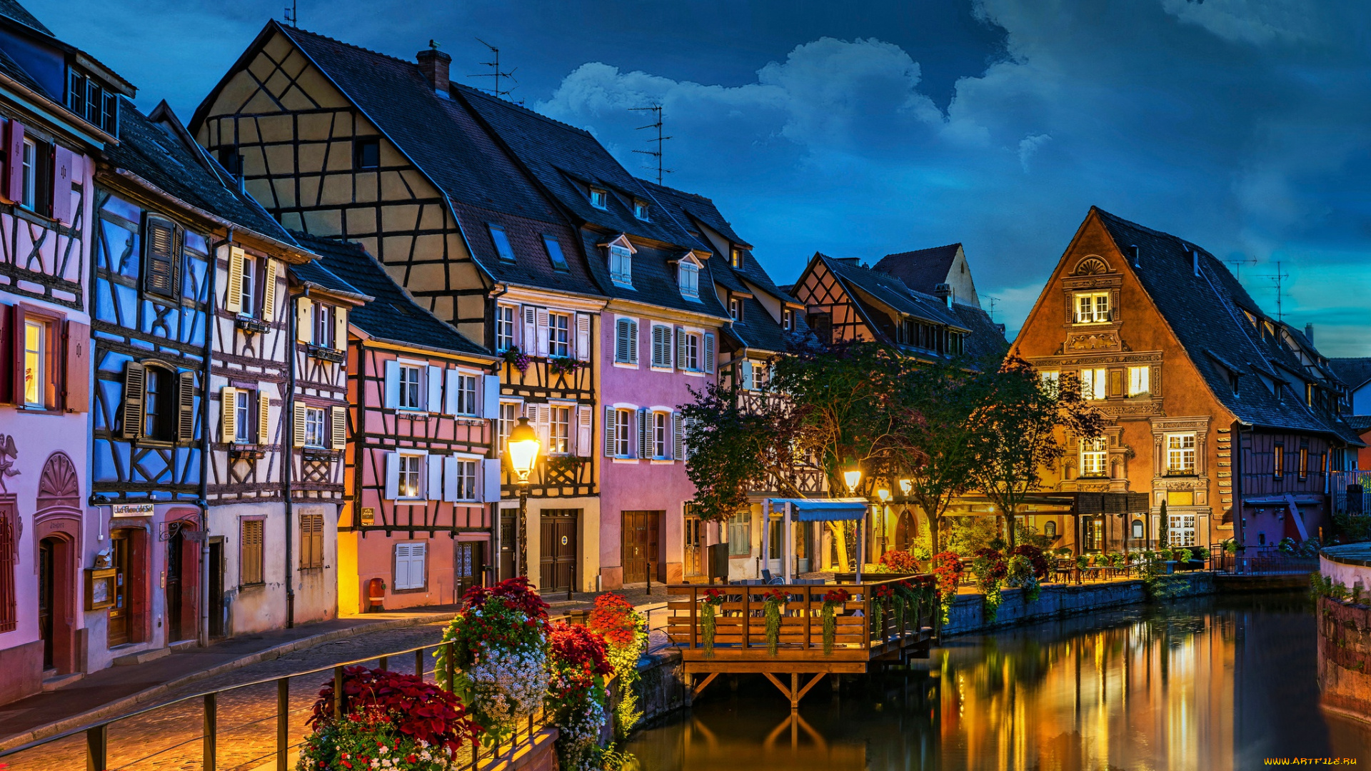 города, -, огни, ночного, города, набережная, здания, launch, river, little, venice, colmar, вечер, дома, france, франция, цветы
