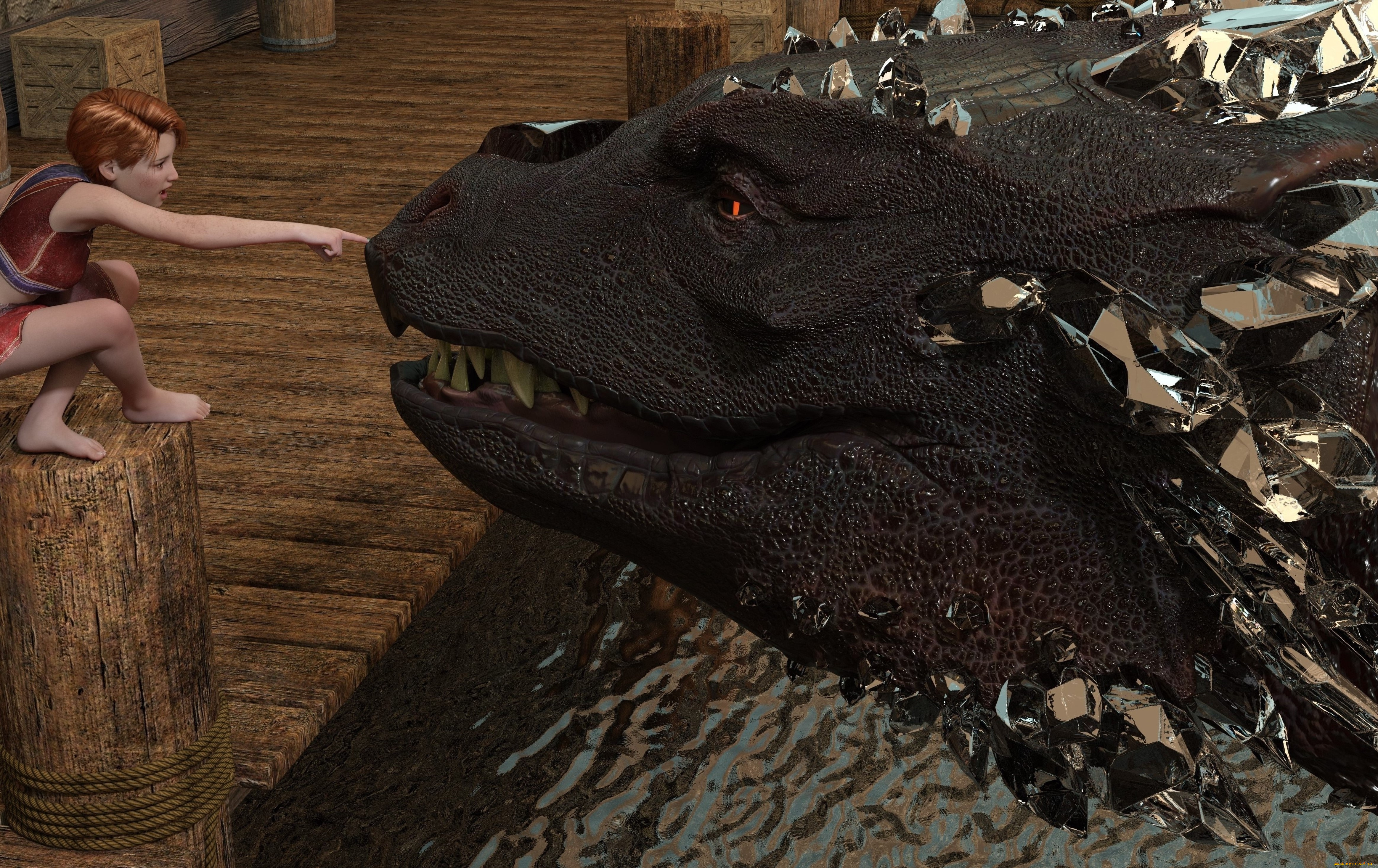 3д, графика, фантазия, , fantasy, девушка, дракон, фон, взгляд