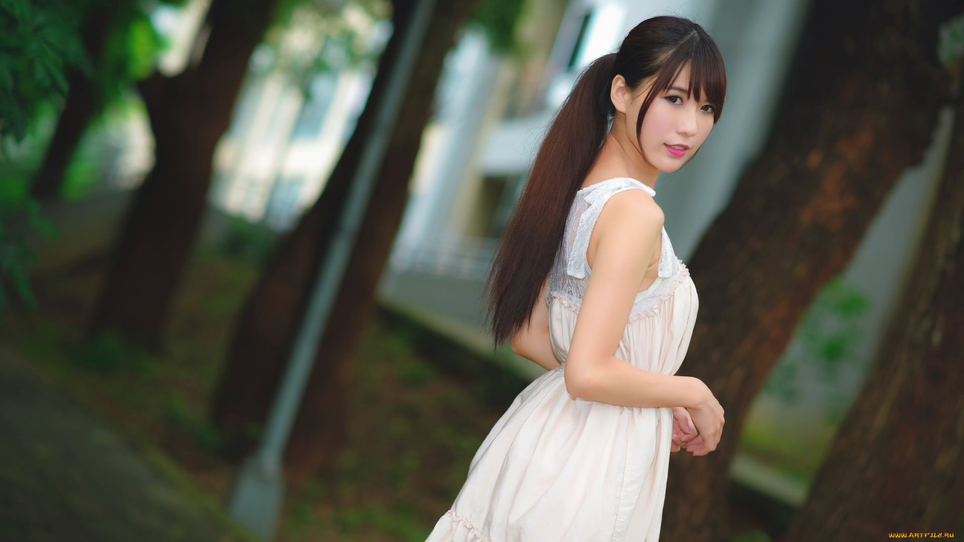 девушки, -unsort, , азиатки, брюнетка, model, платье, деревья, глубина, резкости, глядя, на, зрителя
