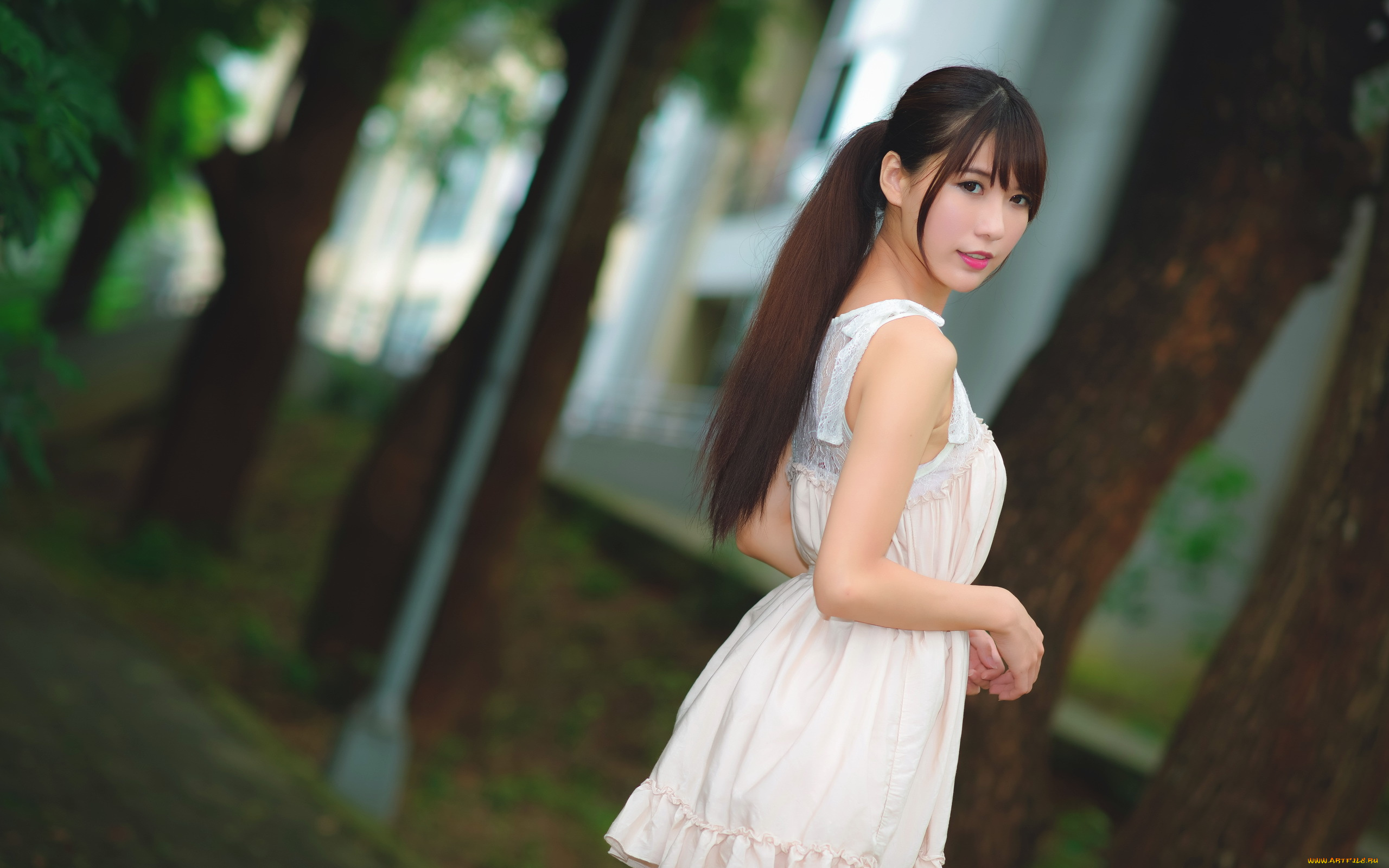 девушки, -unsort, , азиатки, брюнетка, model, платье, деревья, глубина, резкости, глядя, на, зрителя