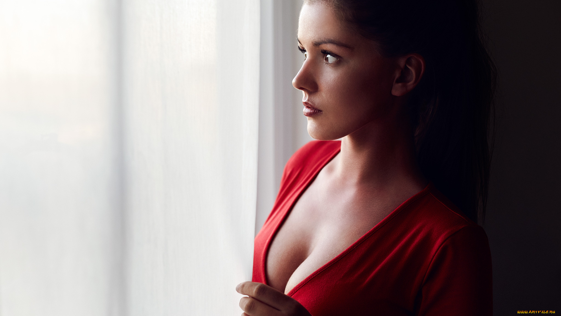 anna, sofie, lemvigh, девушки, anna, sofie, lemvigh, девушка, модель, брюнетка, красотка, поза, окно, красный, макияж, взгляд, причёска