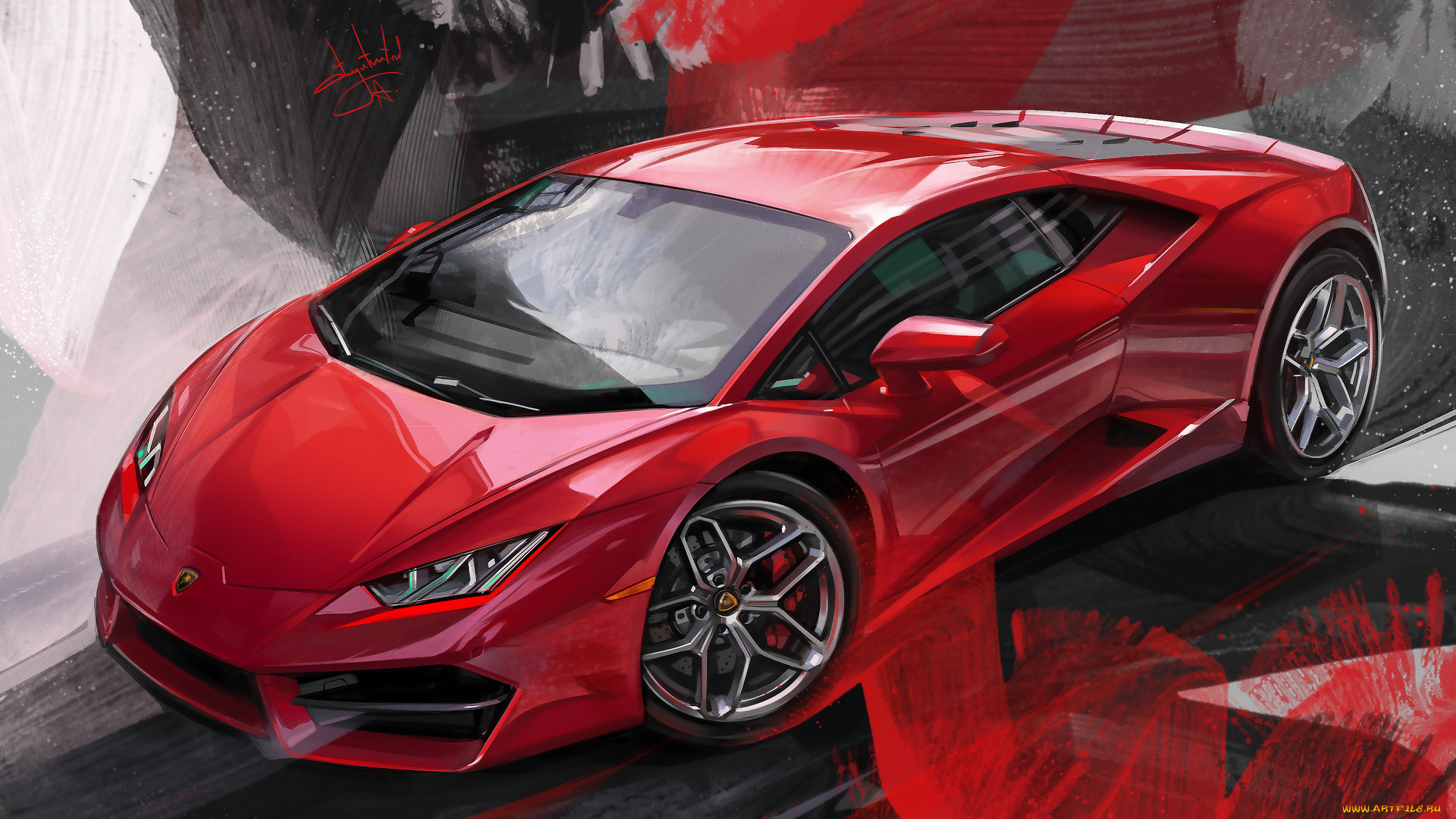 автомобили, рисованные, lamborghini, aleksandr, sidelnikov, суперкар, красный
