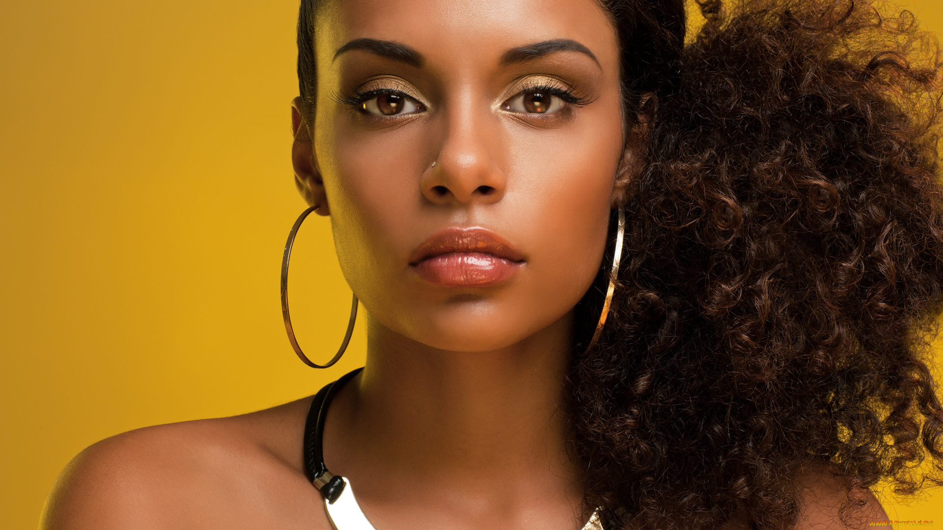 девушки, -, лица, , портреты, жёлтый, фон, кудри, латино, девушка, красотка, модель, брюнетка, лицо, портрет, причёска, взгляд, макияж