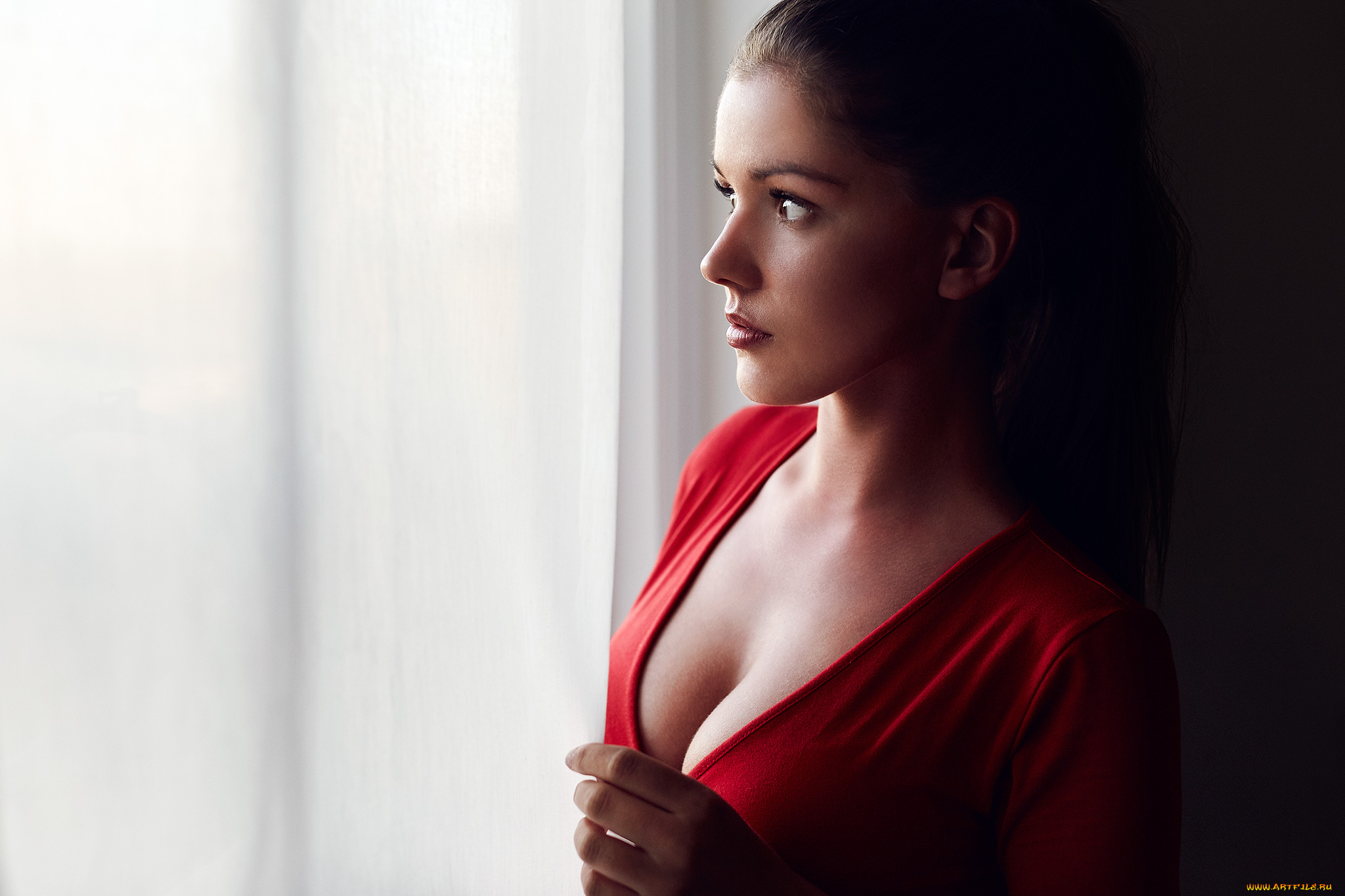 anna, sofie, lemvigh, девушки, anna, sofie, lemvigh, девушка, модель, брюнетка, красотка, поза, окно, красный, макияж, взгляд, причёска