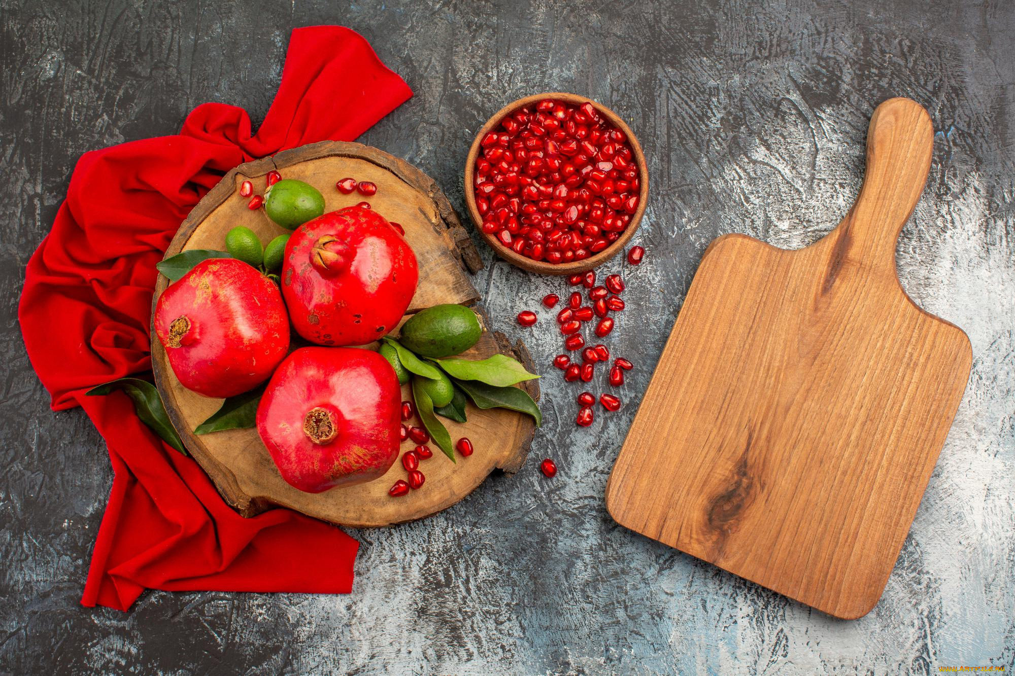 еда, гранат, красное, полотенце, гранаты, зерна