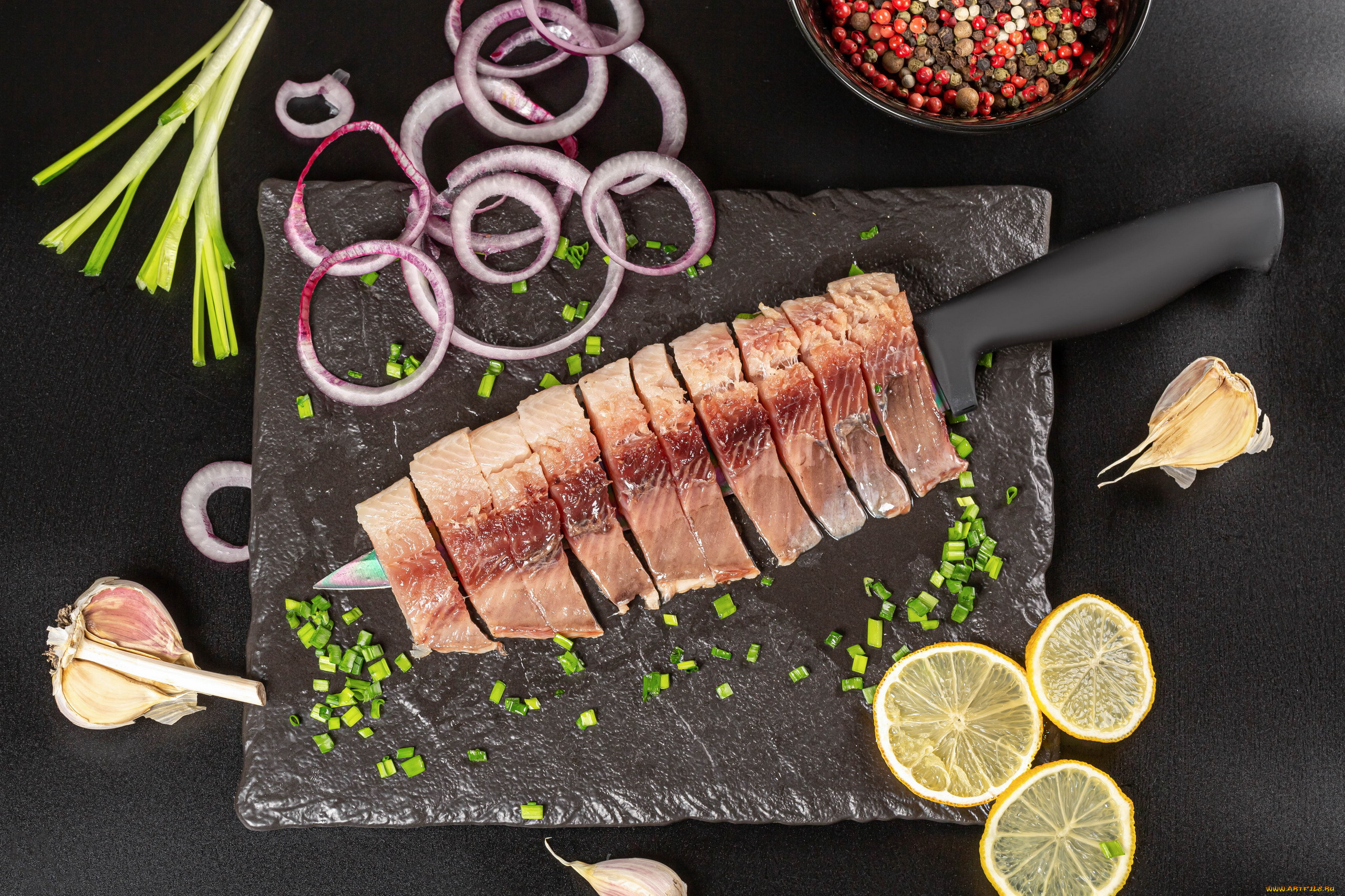 еда, рыбные, блюда, , с, морепродуктами, лук, перец, лимон, чеснок, рыба, копченая