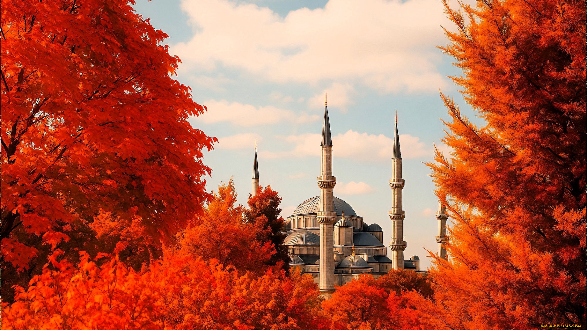 3д, графика, архитектура, , architecture, осень, деревья, мечеть