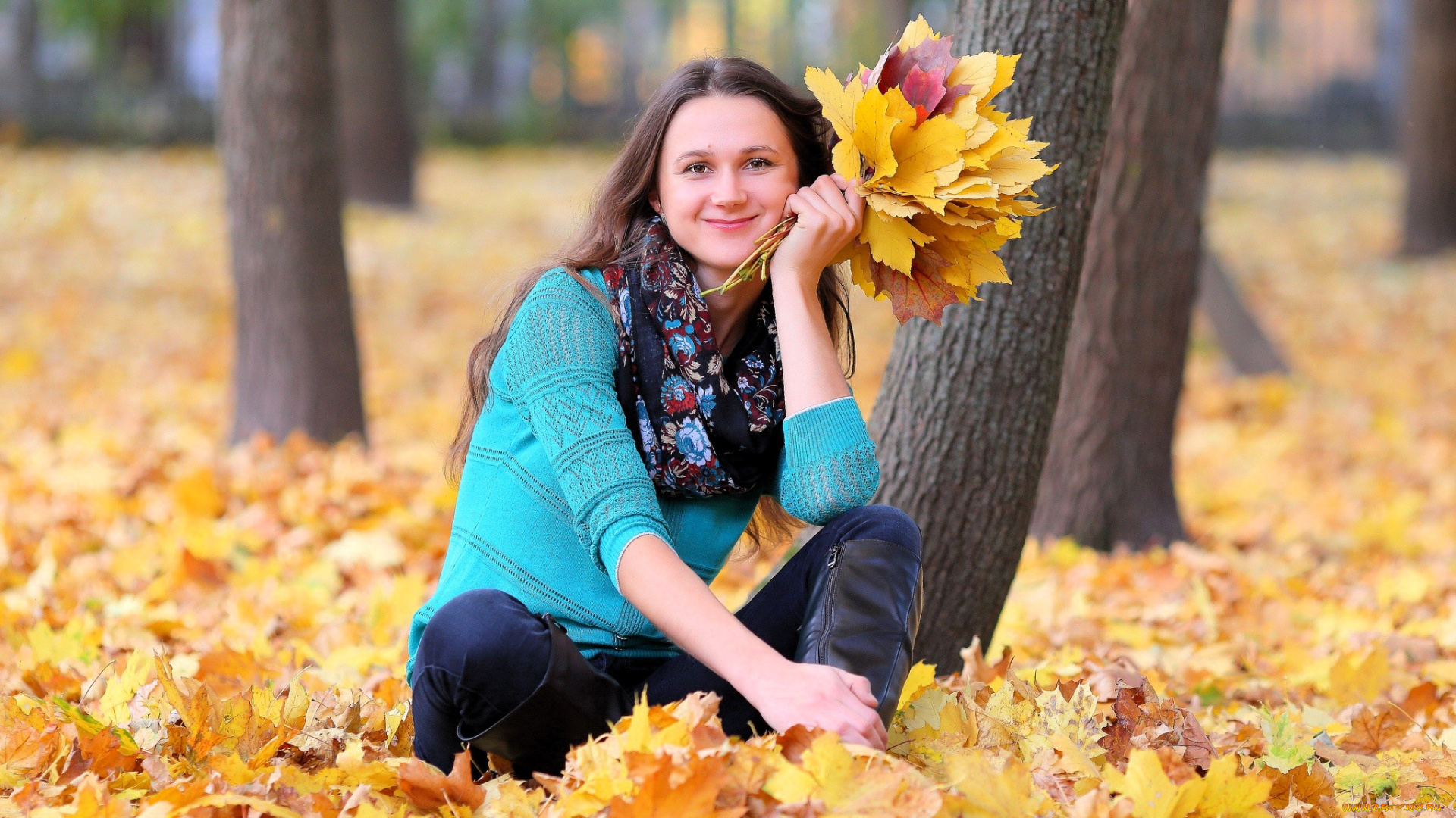 девушки, -, брюнетки, , шатенки, шатенка, листья, косынка, свитер, осень, парк, сапоги, деревья