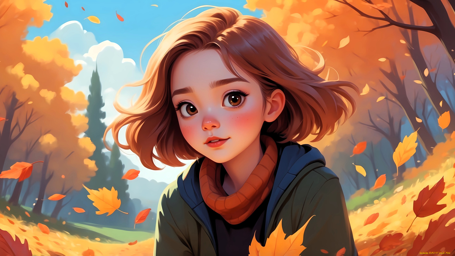 рисованное, дети, девочка, куртка, осень, лес, деревья, поляна, листья