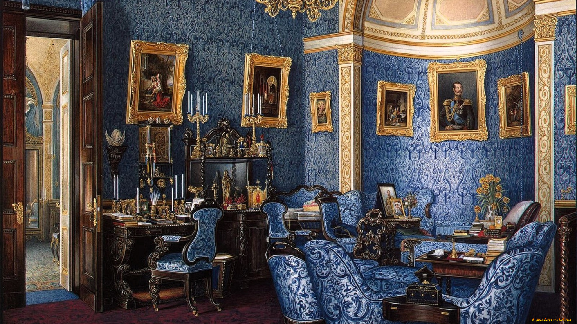 рисованное, эдуард, гау, дворец, интерьер, комната, лепнина, картины, свечи, кресла, столы, стулья